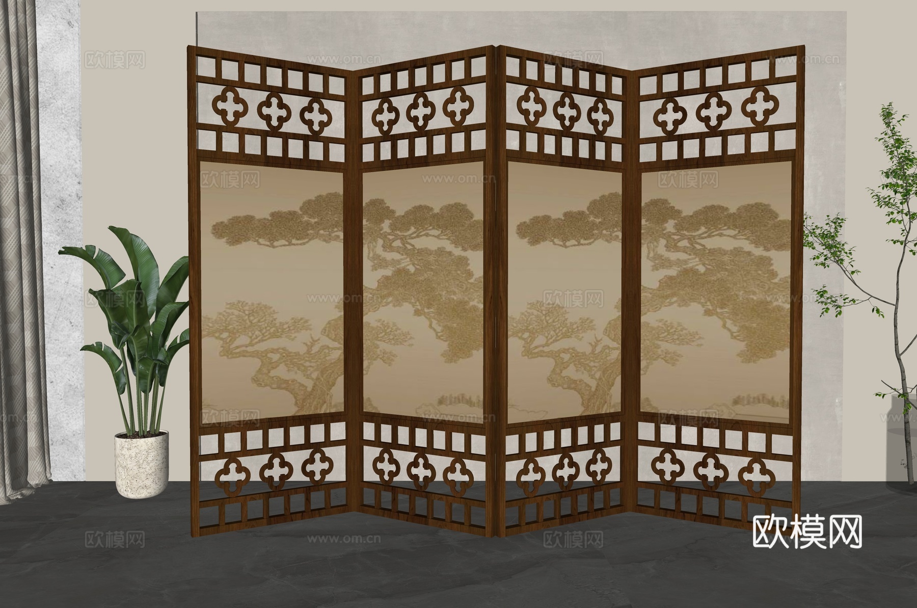 新中式屏风隔断su模型下载（渲染图2）