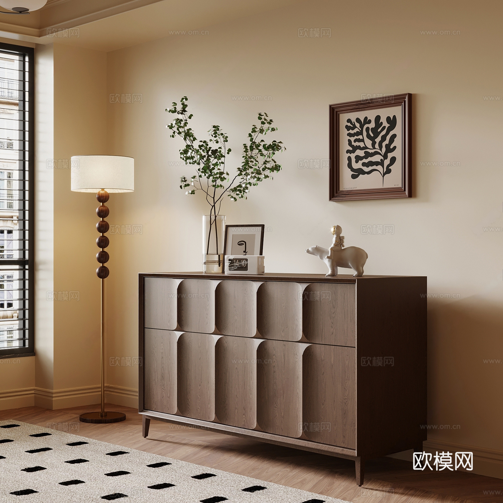 中古玄关柜 装饰品组合 挂画 中古风落地灯 中古风吊顶 中古3d模型