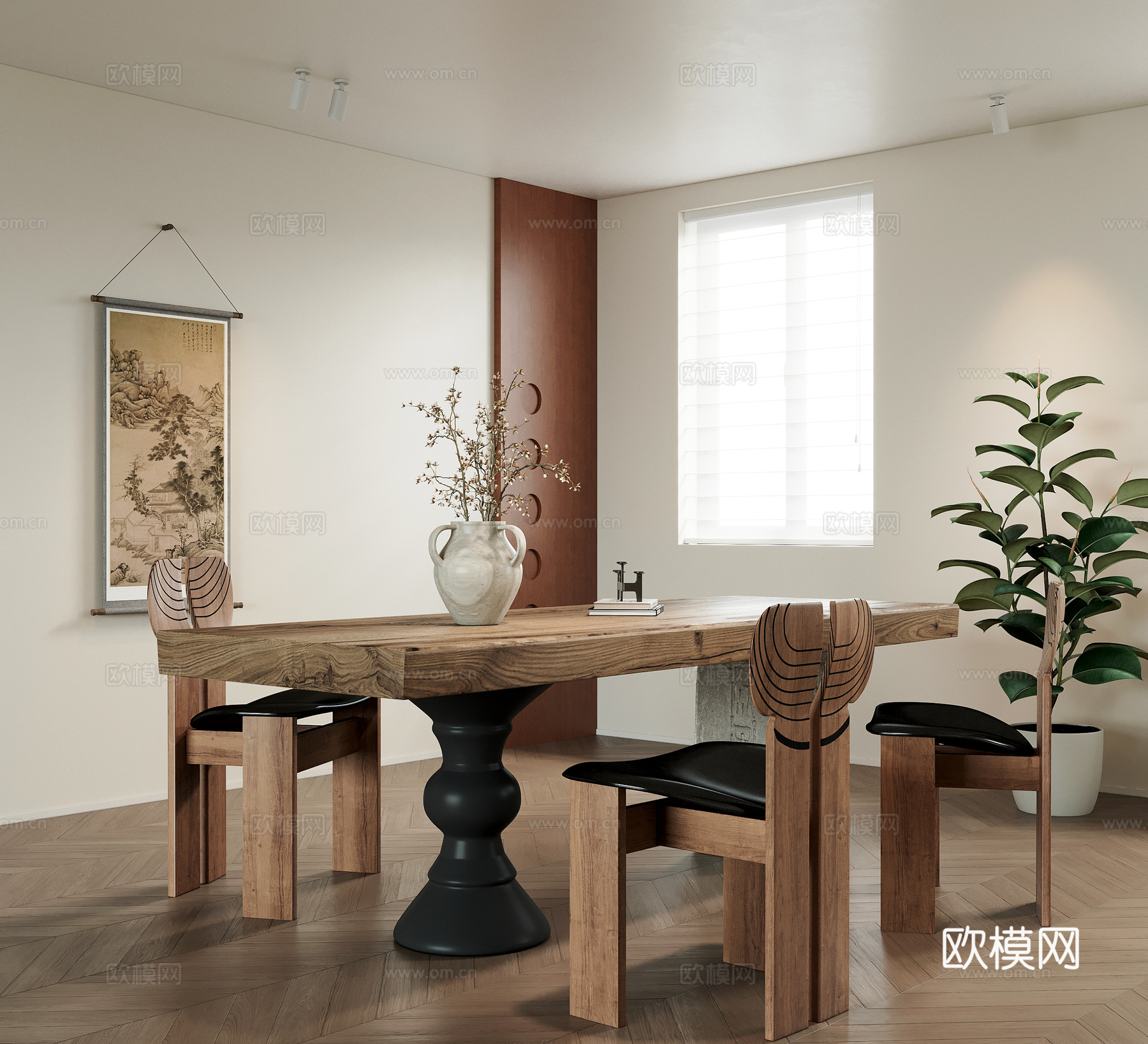 餐厅 中古风餐厅 餐桌椅组合 挂画 绿植3d模型