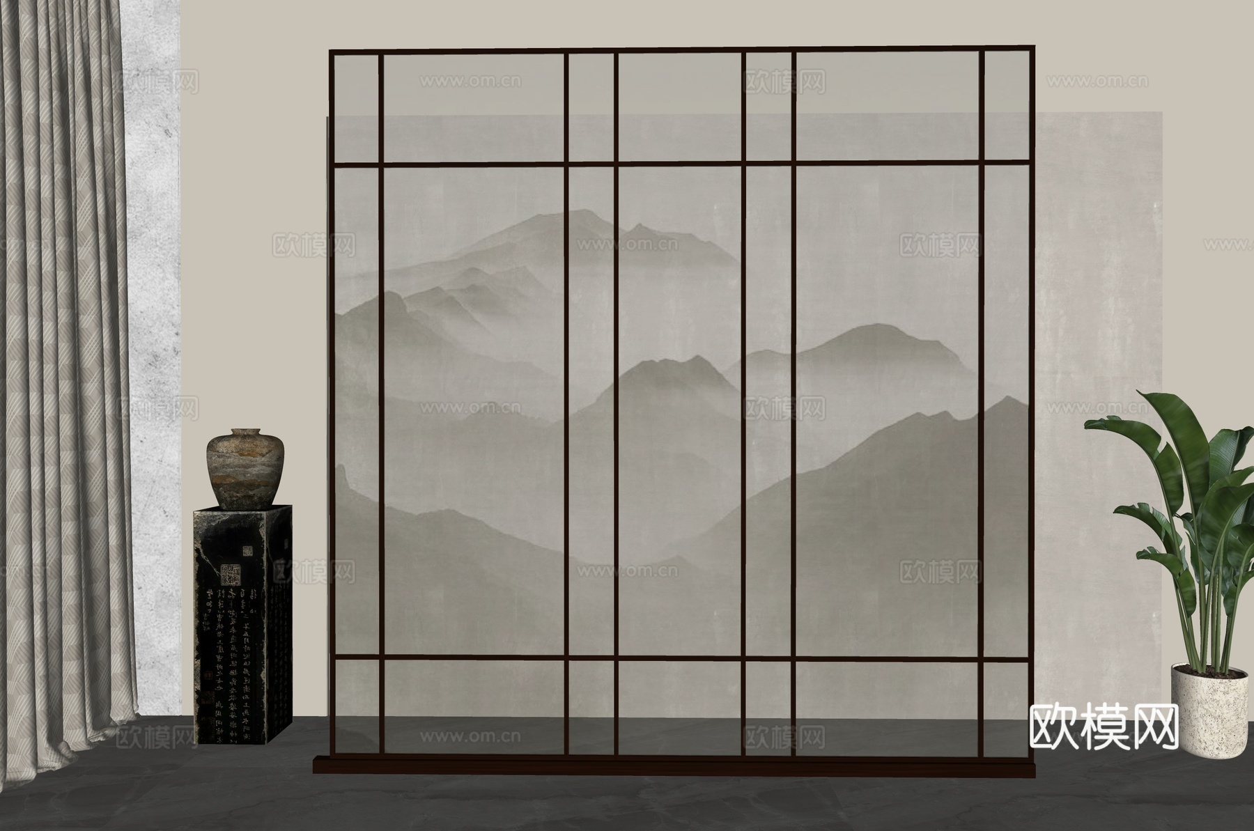 新中式屏风隔断su模型