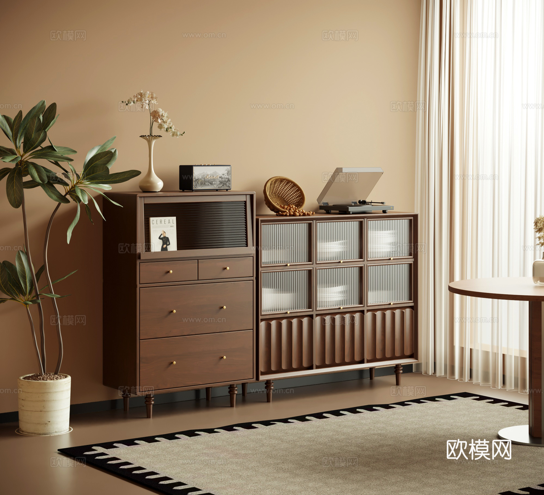 餐边柜 中古风从餐边柜 边柜 矮柜 绿植3d模型