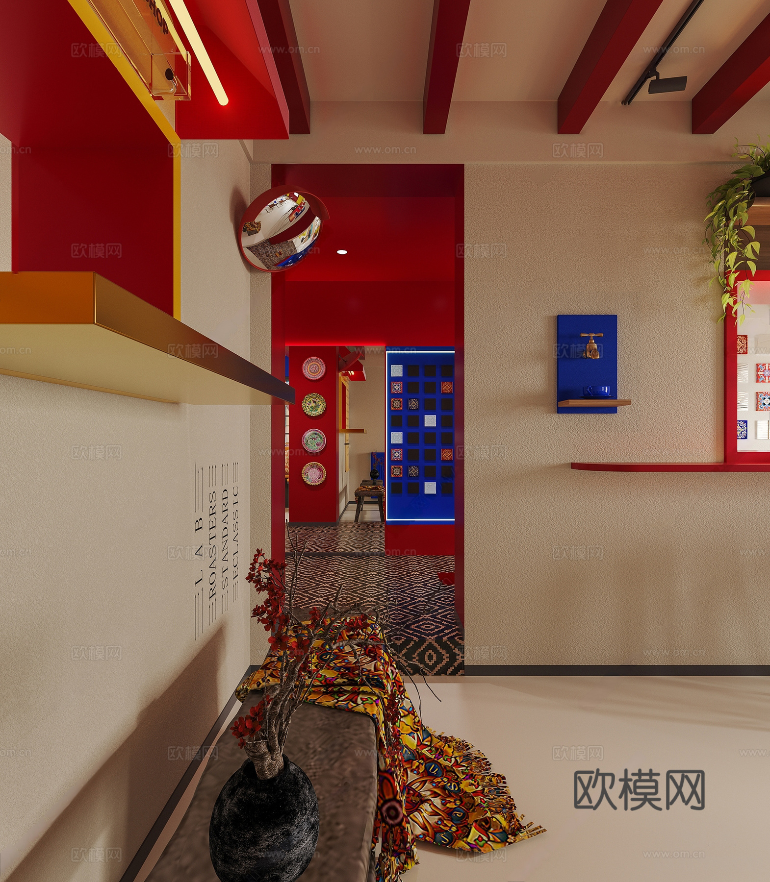 现代咖啡厅 多巴胺 孟菲斯 咖啡店 卡座 餐桌椅 吧台 吧台3d模型