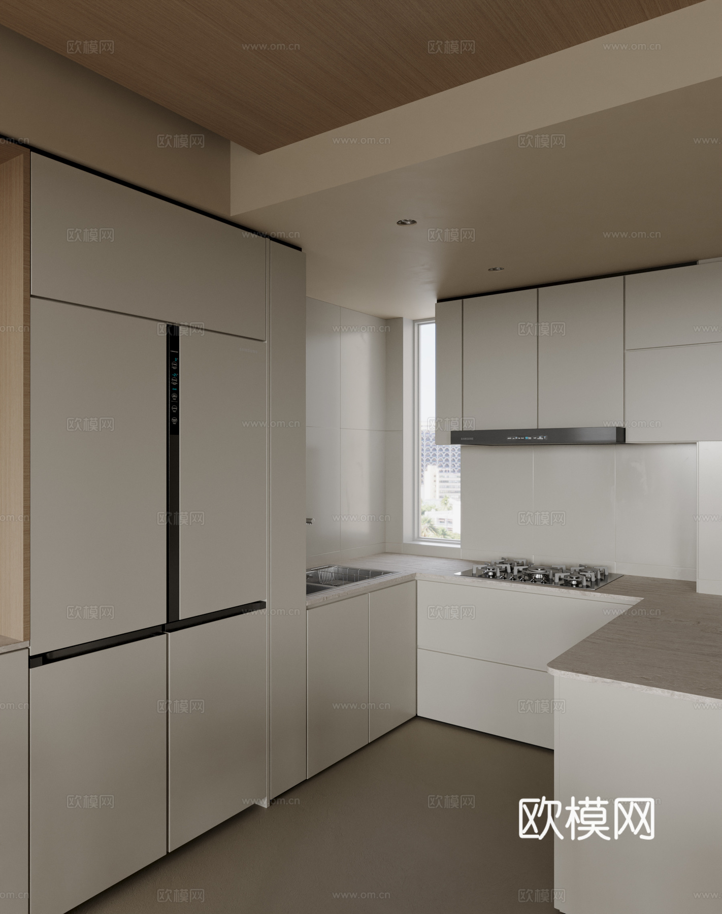 现代奶油风厨房3d模型