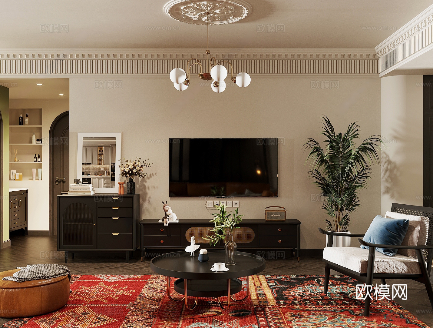 法式家居客厅 法式电视柜 法式装饰柜 法式吊顶 法式沙发茶几3d模型