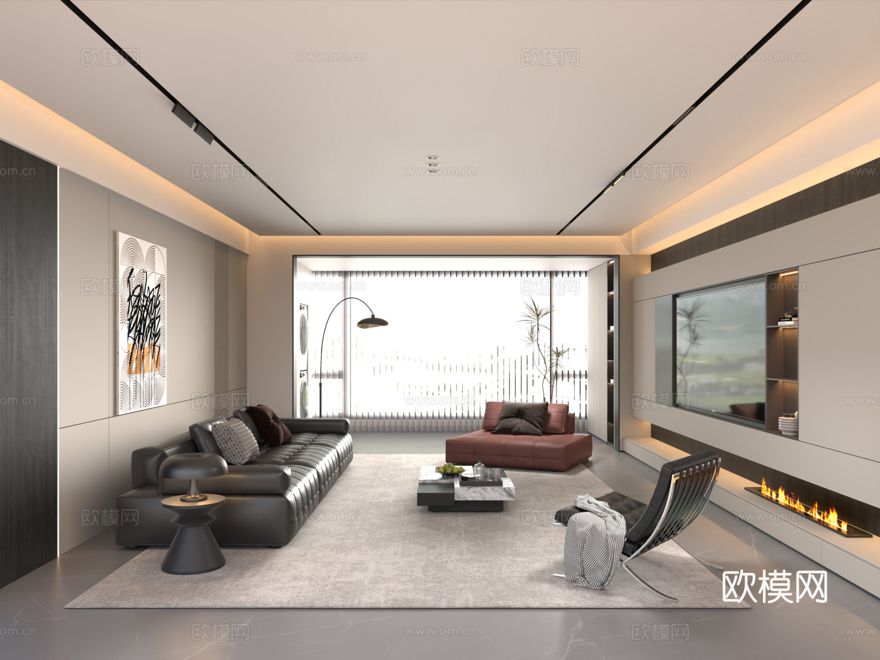现代意式客厅 意式沙发茶几组合3d模型