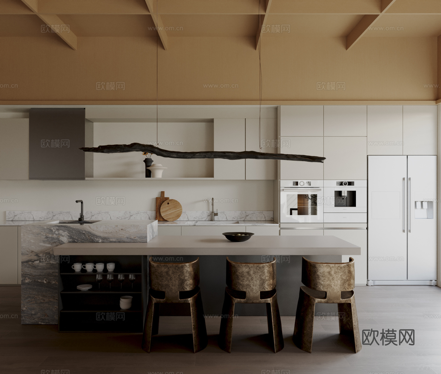 现代奶油风餐厅3d模型