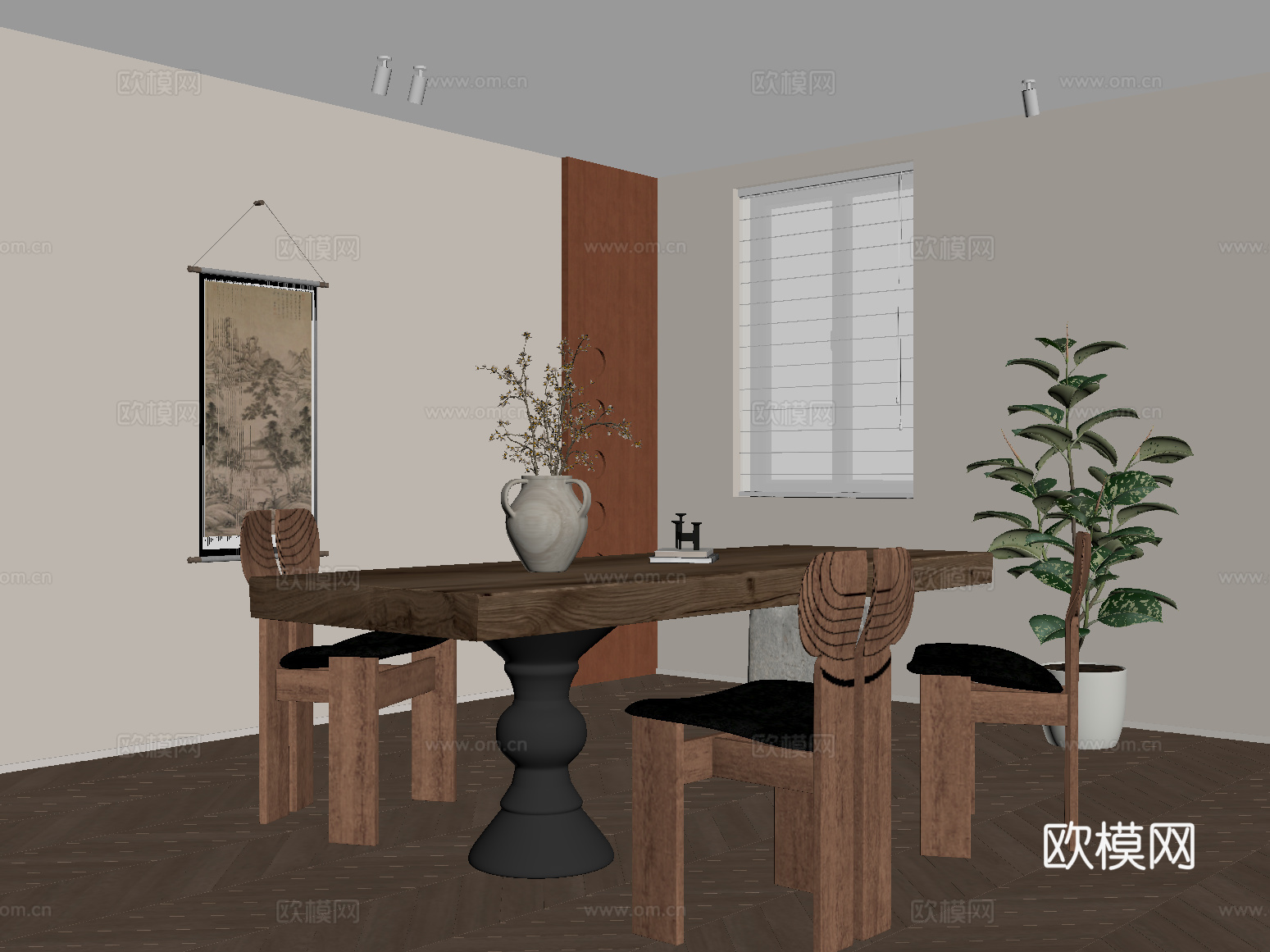 餐厅 中古风餐厅 餐桌椅组合 挂画 绿植su模型