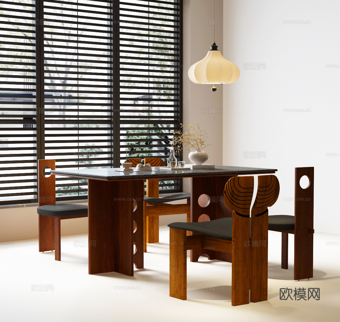 现代中古餐桌椅组合 法式中古餐桌椅 现代餐桌椅 吊灯 餐桌摆3d模型