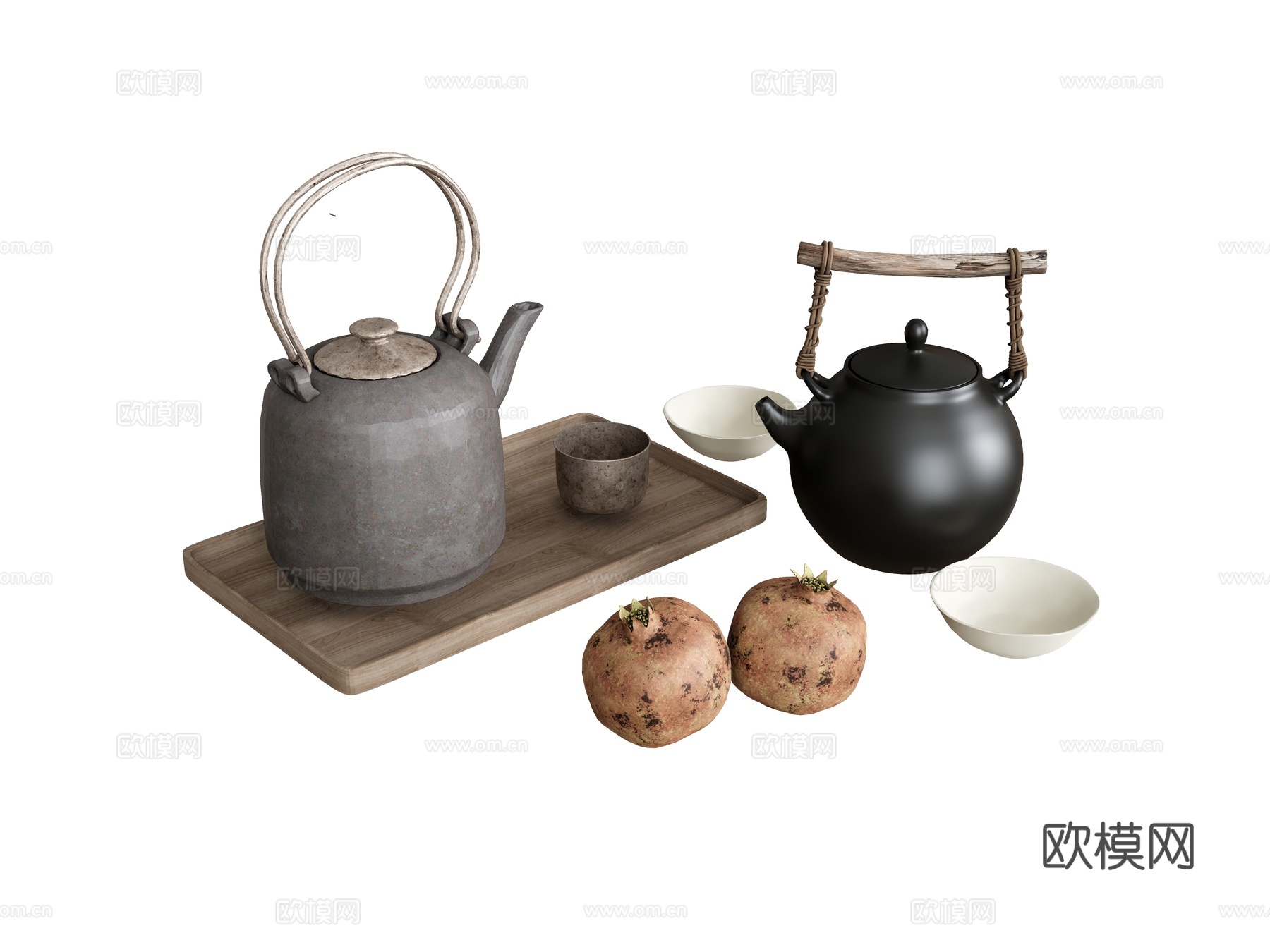 新中式茶具茶壶茶   茶盘茶托su模型
