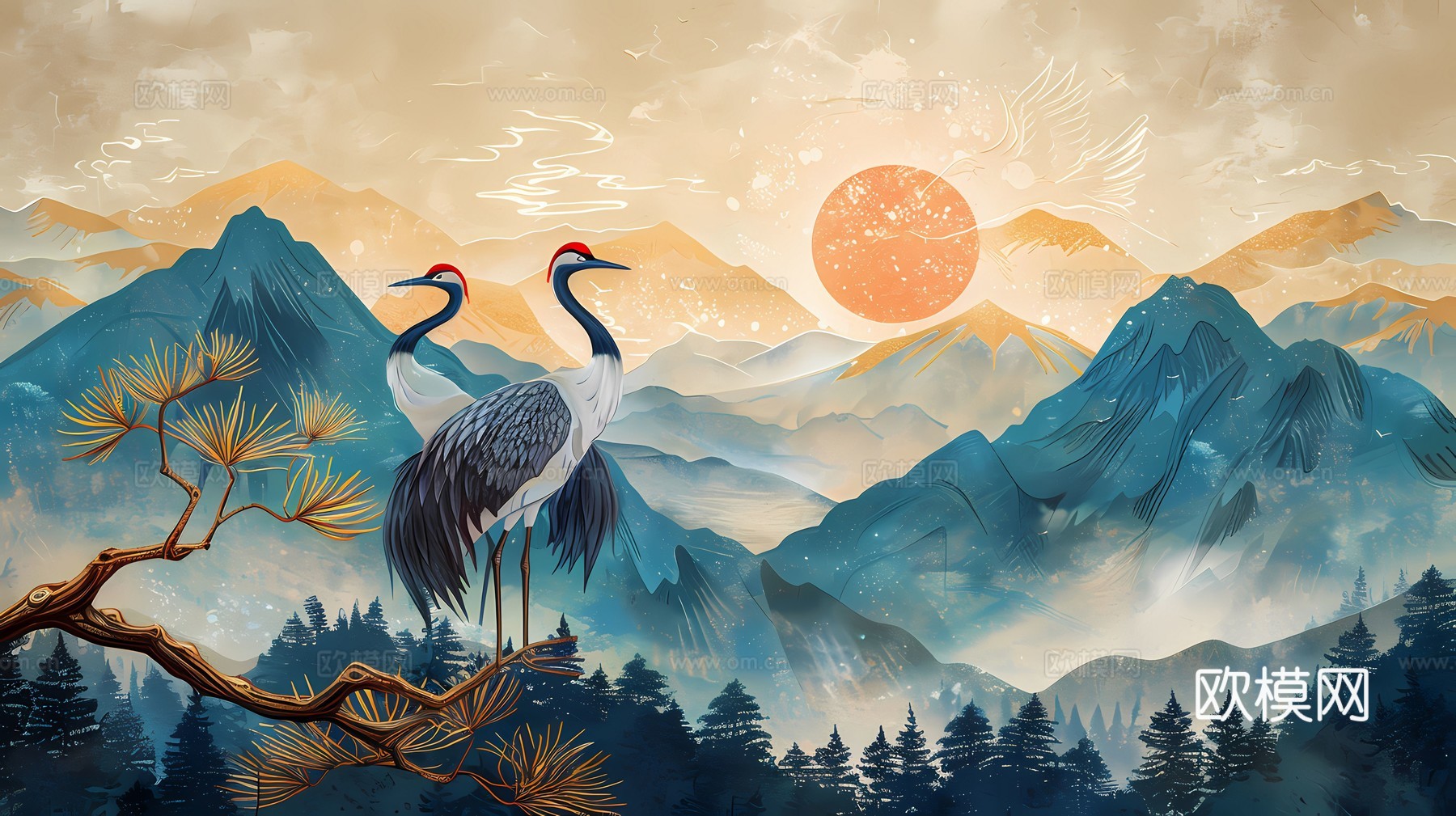 新中式国风壁纸壁画下载（渲染图7）