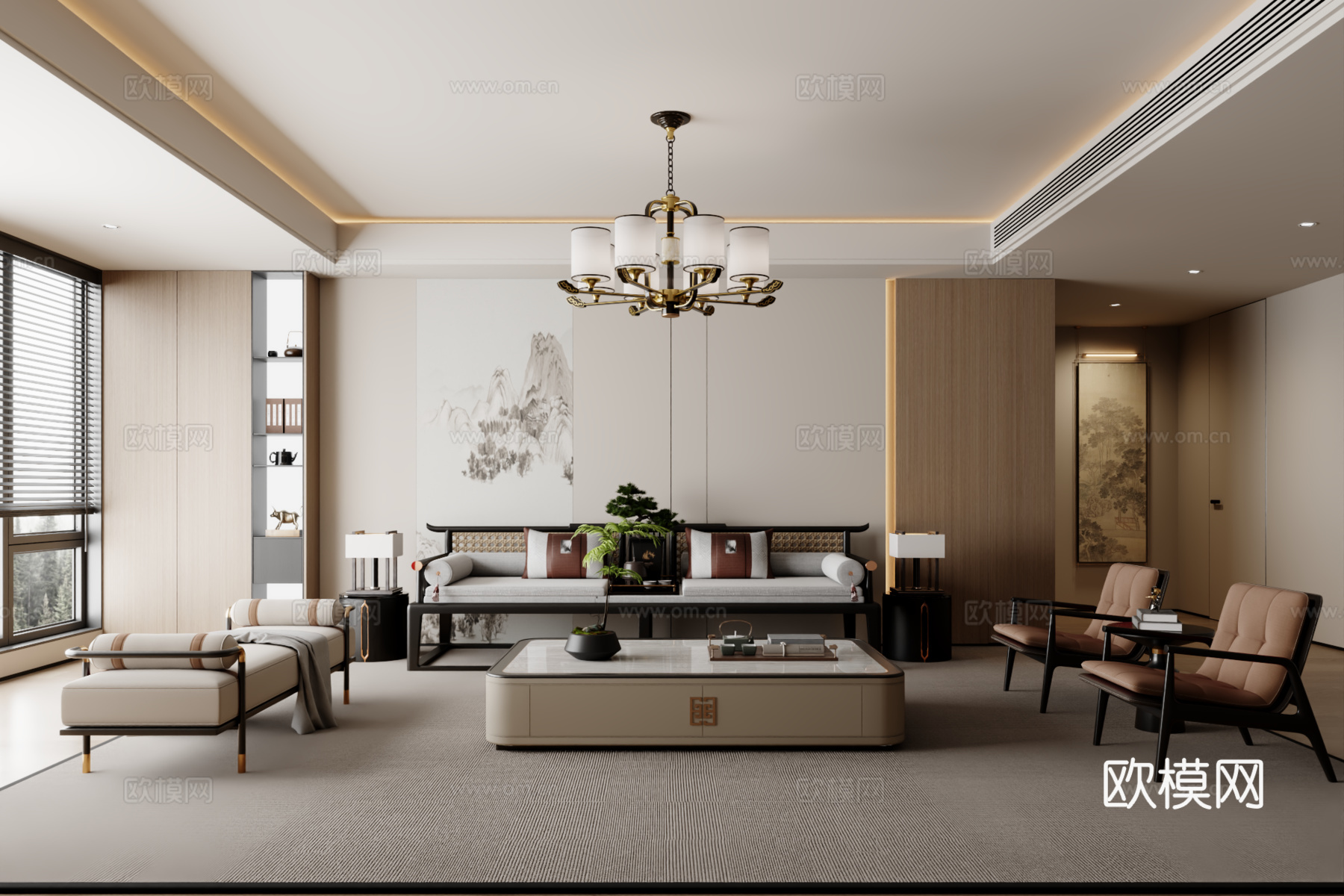 新中式沙发组合 茶几 地毯3d模型