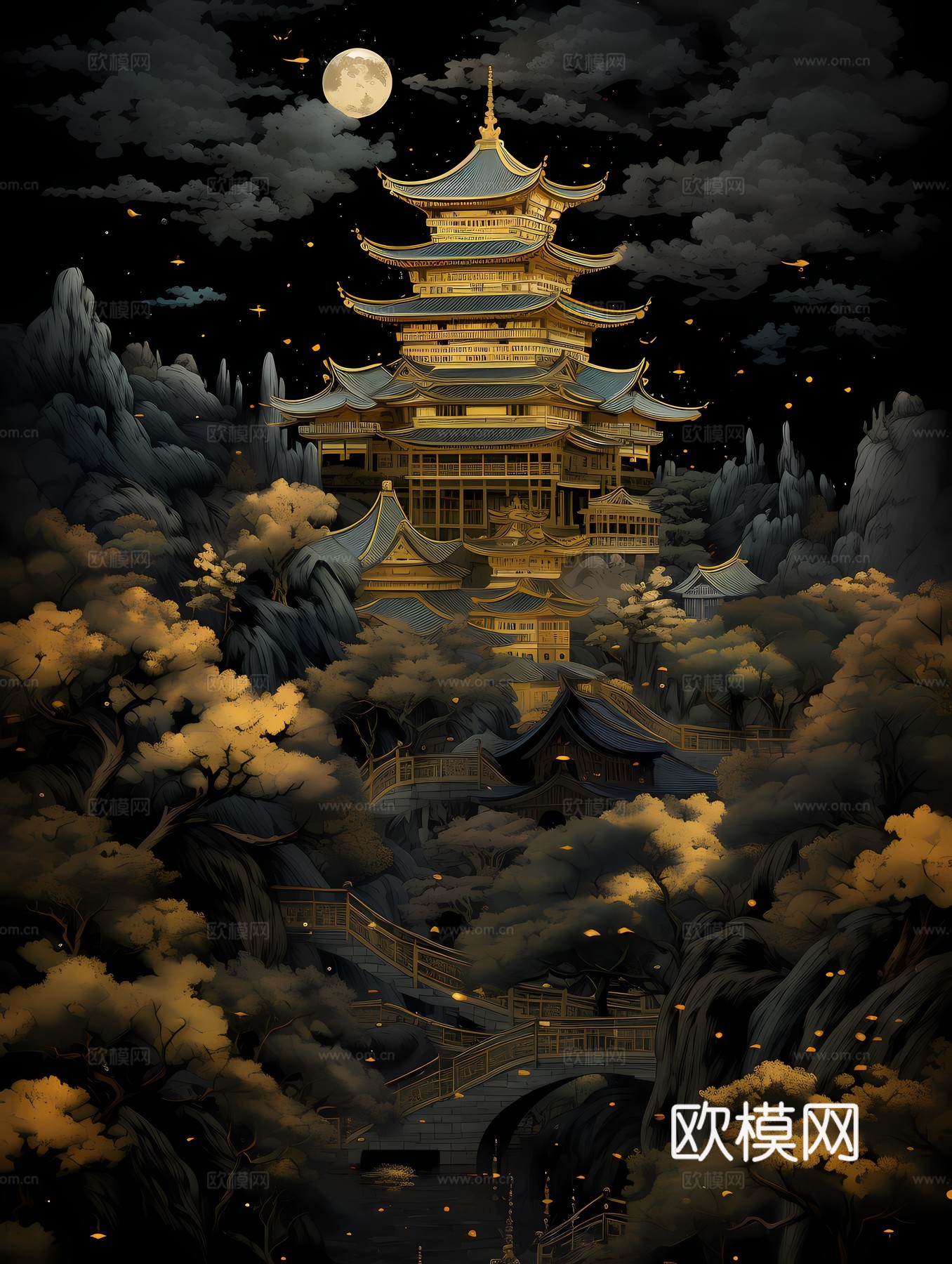 新中式国风壁纸壁画下载（渲染图2）