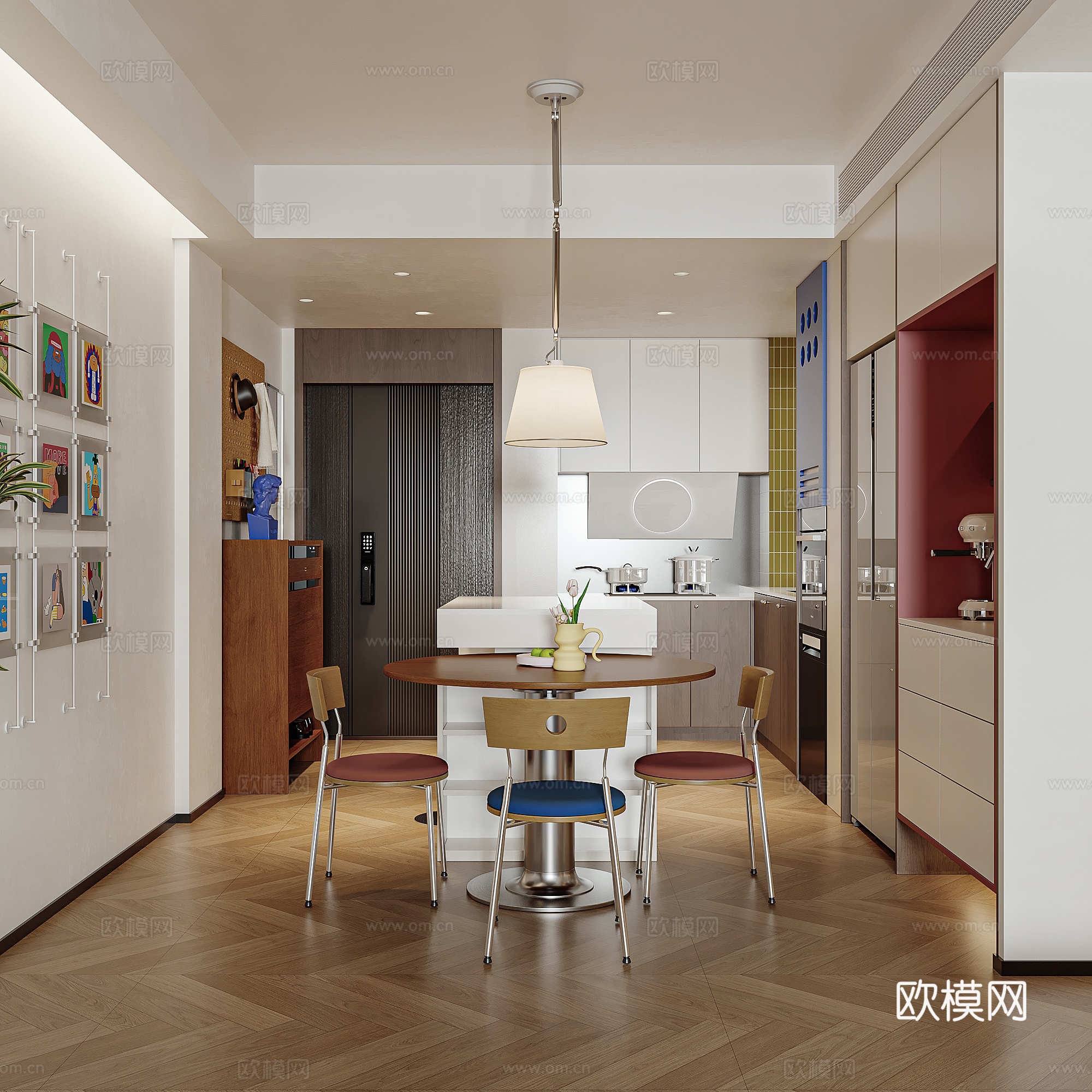 现代中古客餐厅 包豪斯 竖厅 中古风家具 开放式厨房 吧台餐su模型