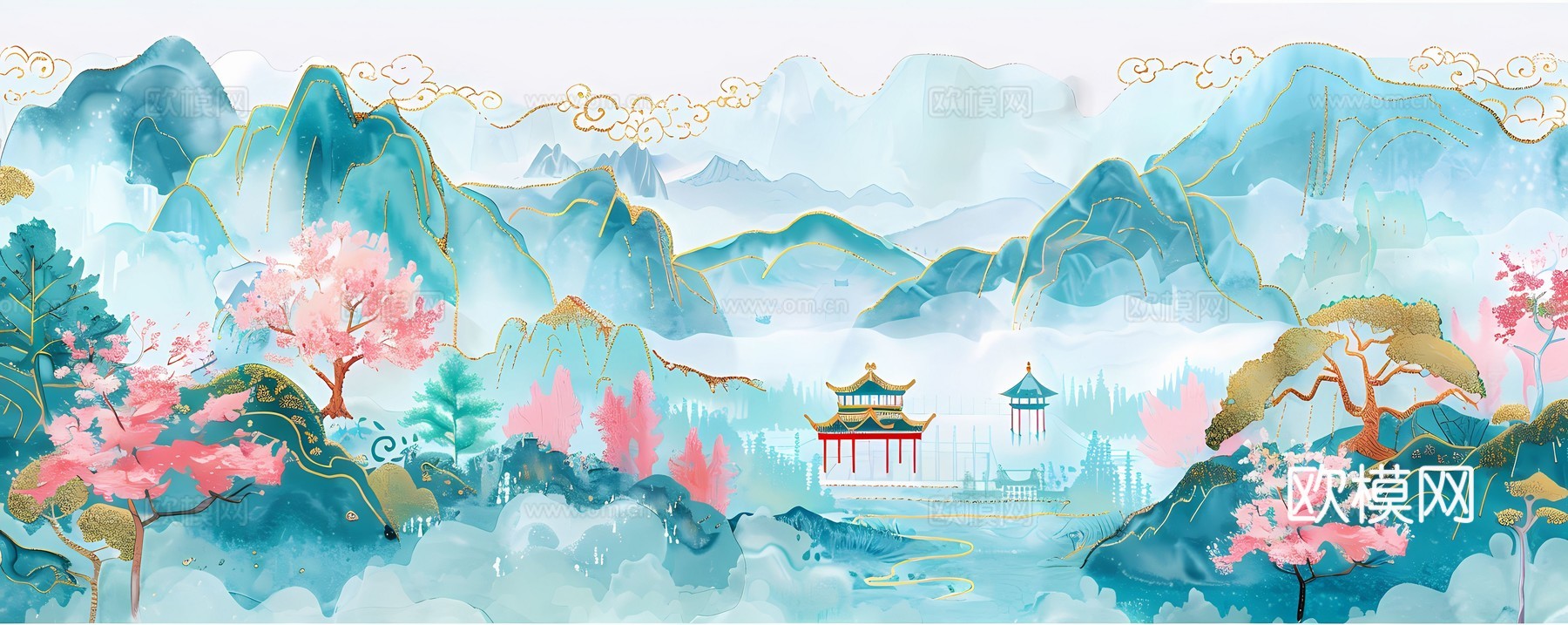 新中式国风壁纸壁画下载（渲染图4）