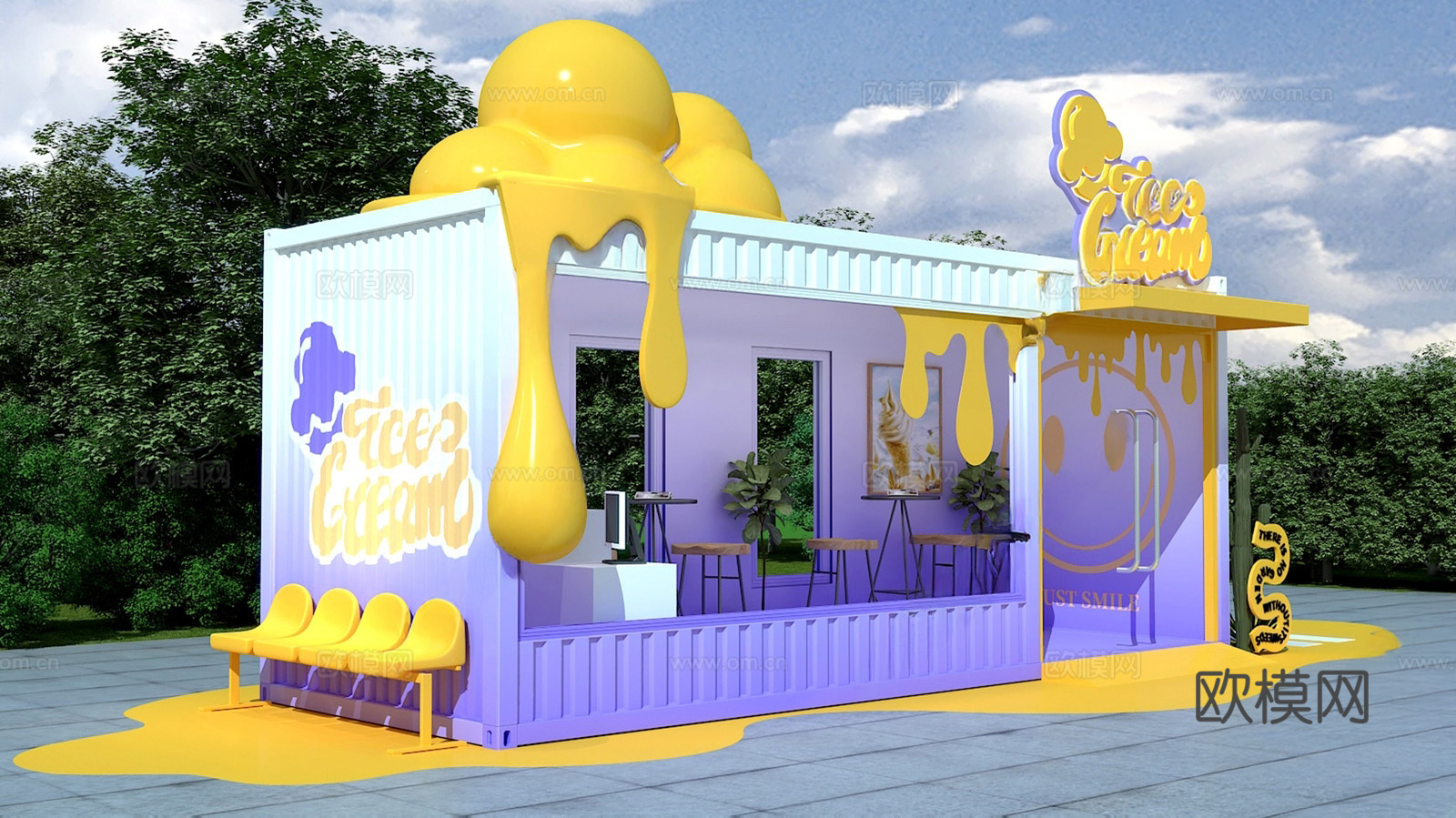 现代奶油奶茶店su模型下载（渲染图1）