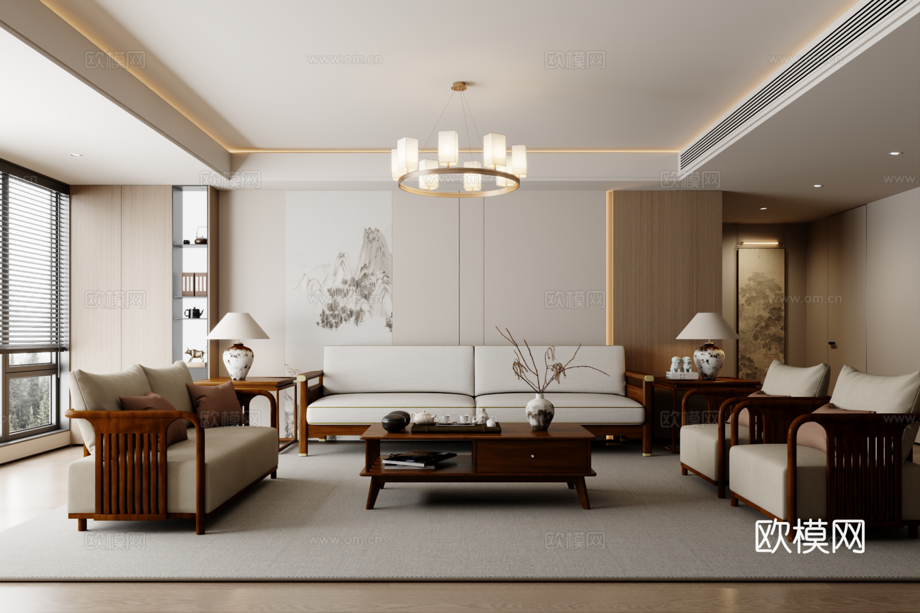 新中式沙发组合 茶几 地毯3d模型