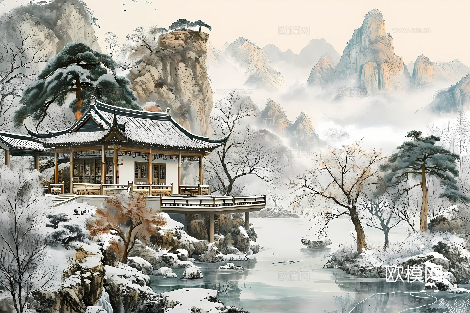 新中式国风壁纸壁画下载（渲染图2）