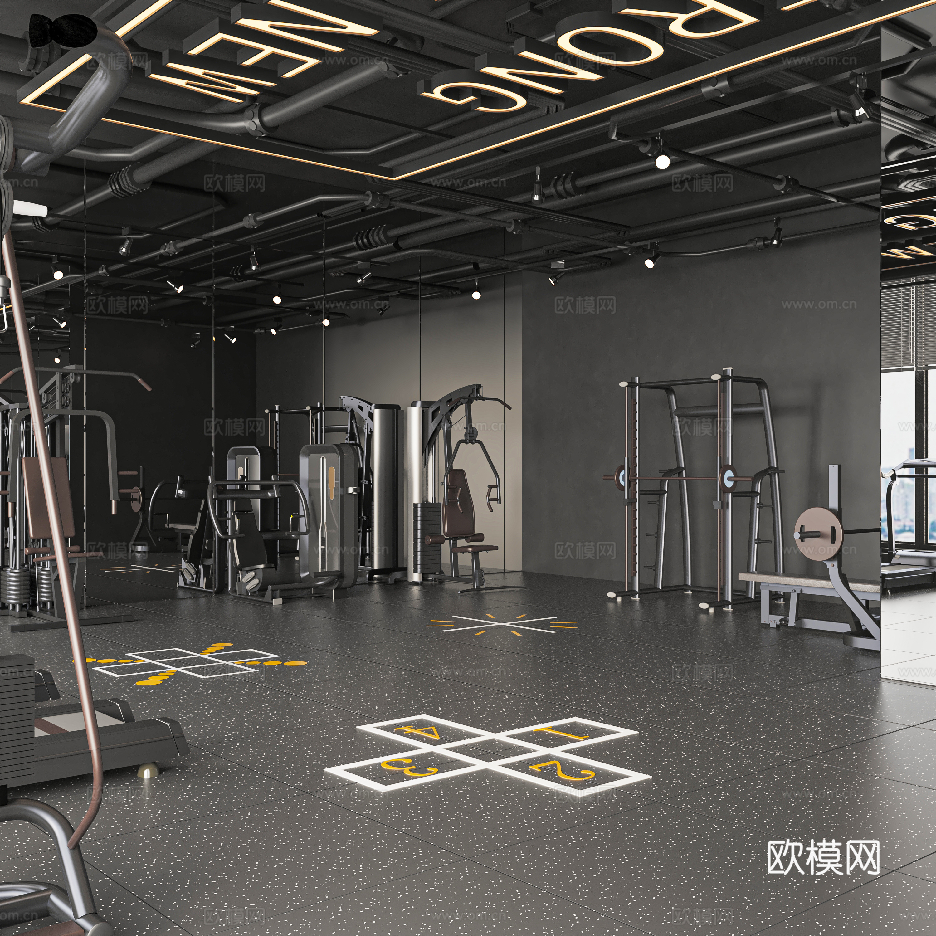 现代健身房 跑步机 哑铃 卧推 全女健身房 动感单车3d模型