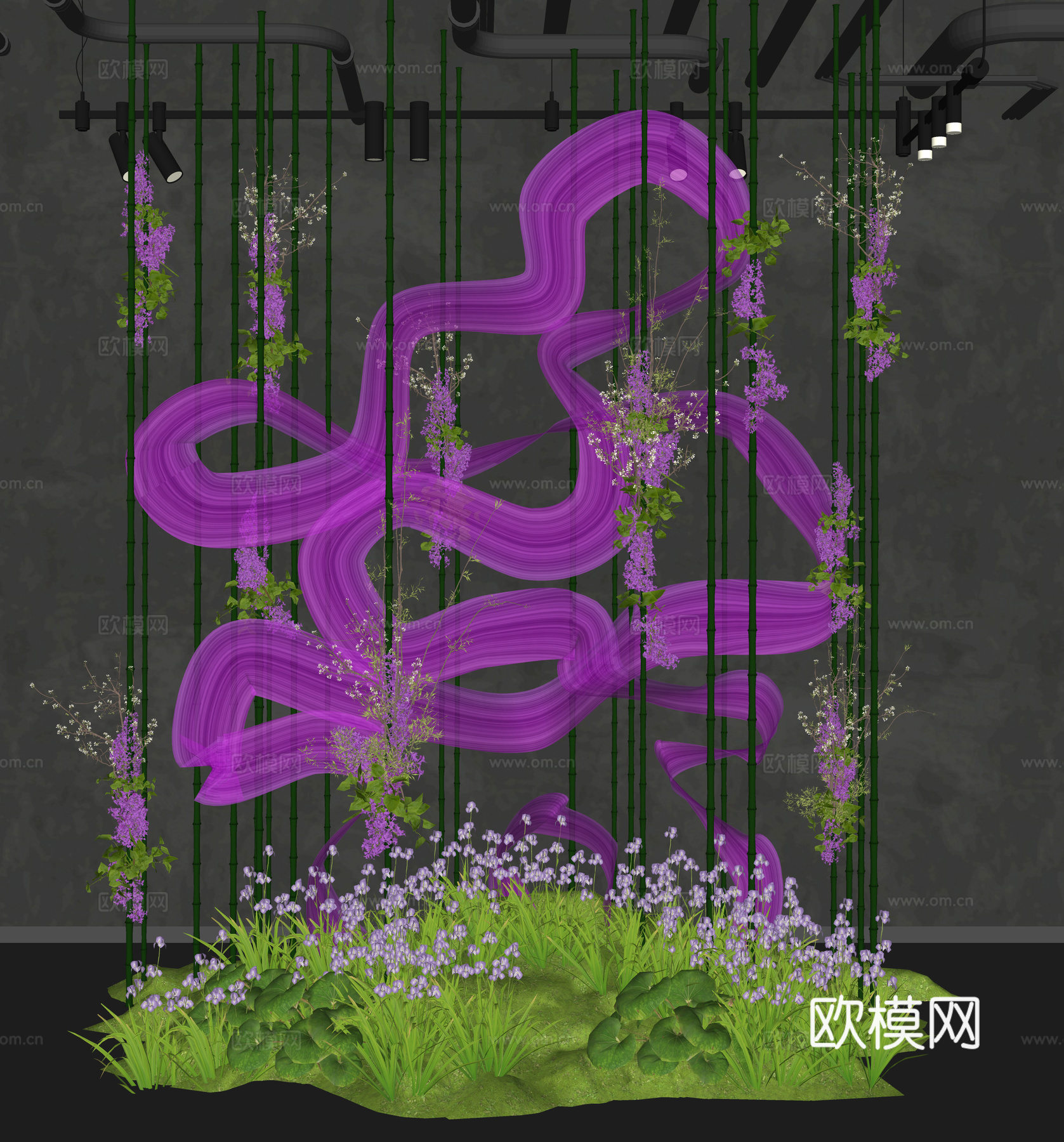 现代室内艺术装置 网红装置  景观植物堆  竹子装饰  艺术su模型
