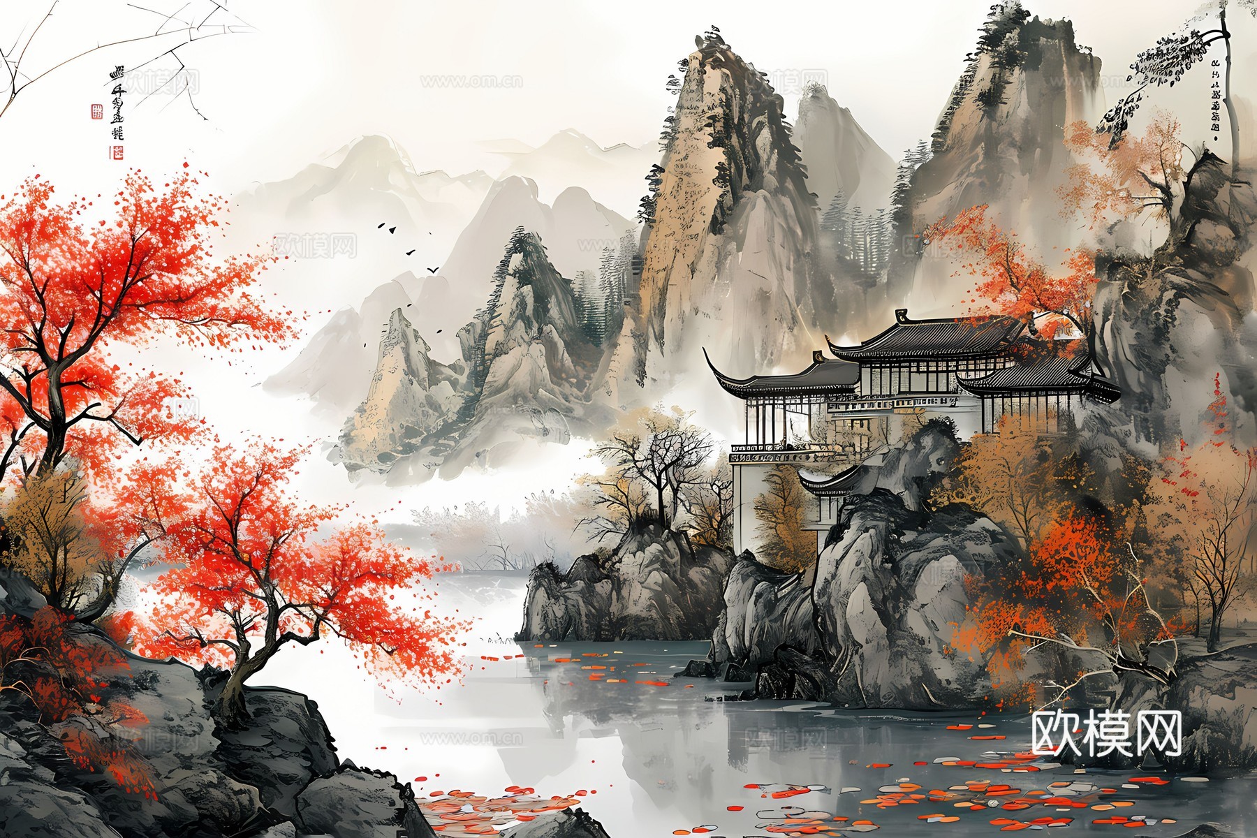 新中式国风壁纸壁画下载（渲染图6）