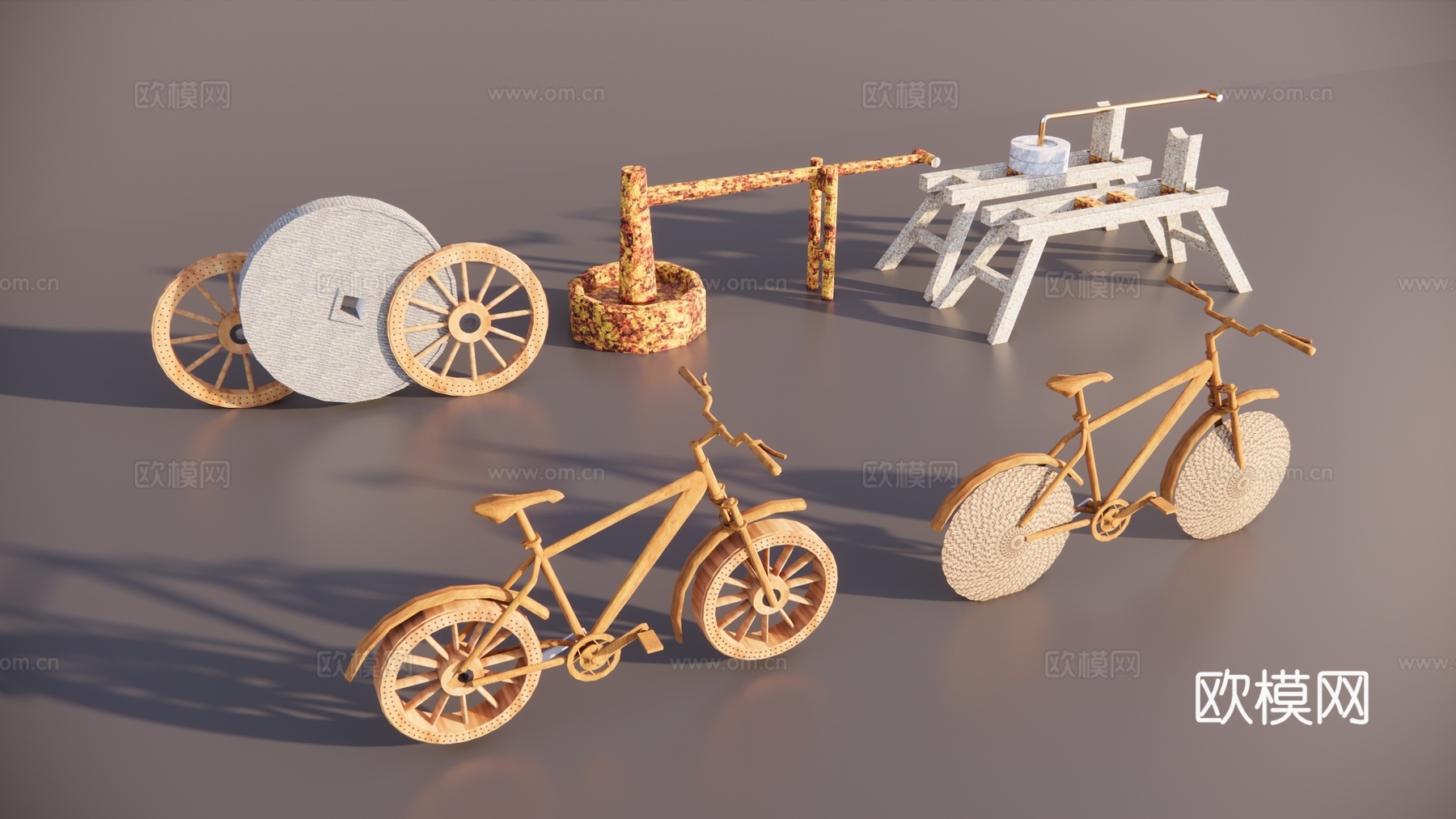 中式乡村农具改造 乡村自行车 农具上墙 农具景观小品 生态景su模型