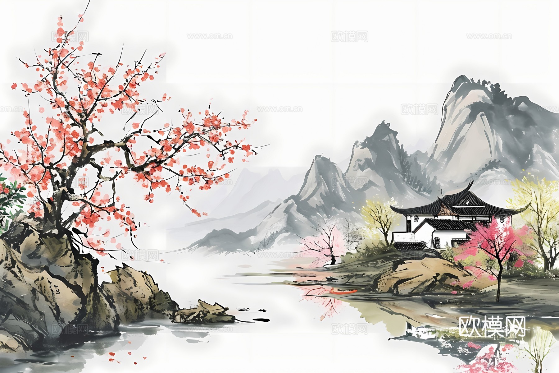 新中式国风壁纸壁画下载（渲染图1）