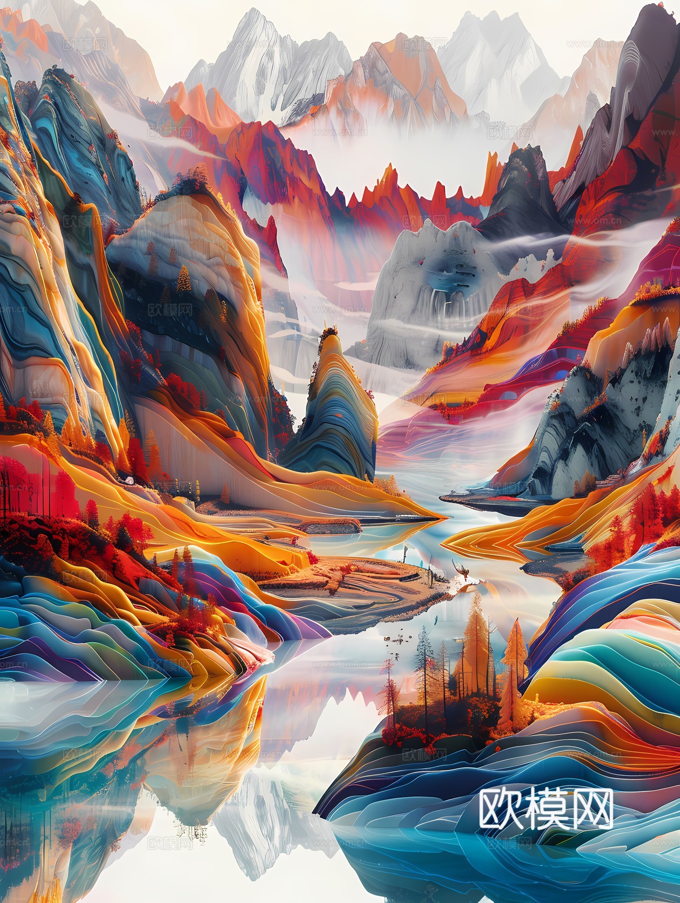 新中式国风壁纸壁画下载（渲染图5）