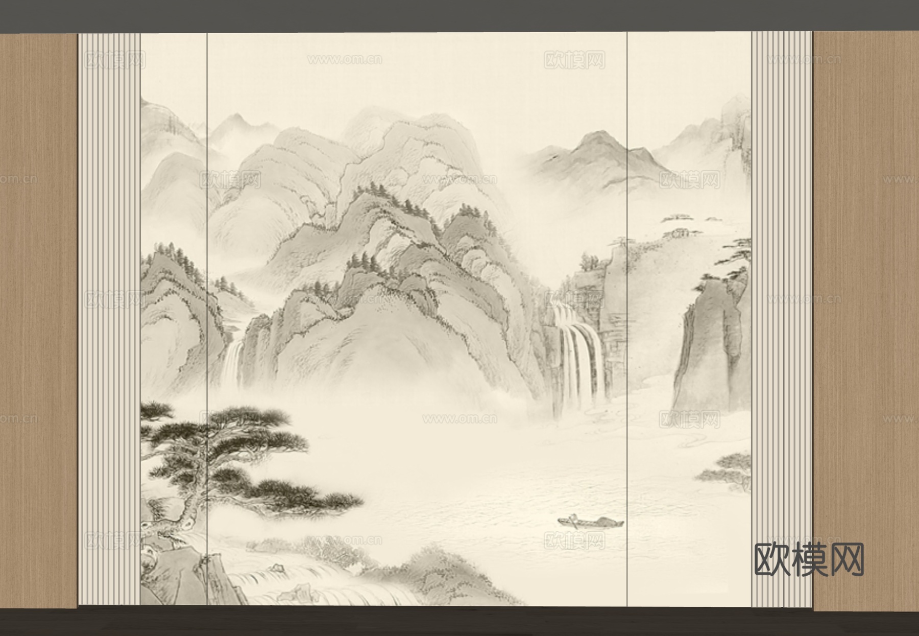 山水画背景墙 山水画护墙板 山水画屏风 新中式禅意硬包 新中su模型