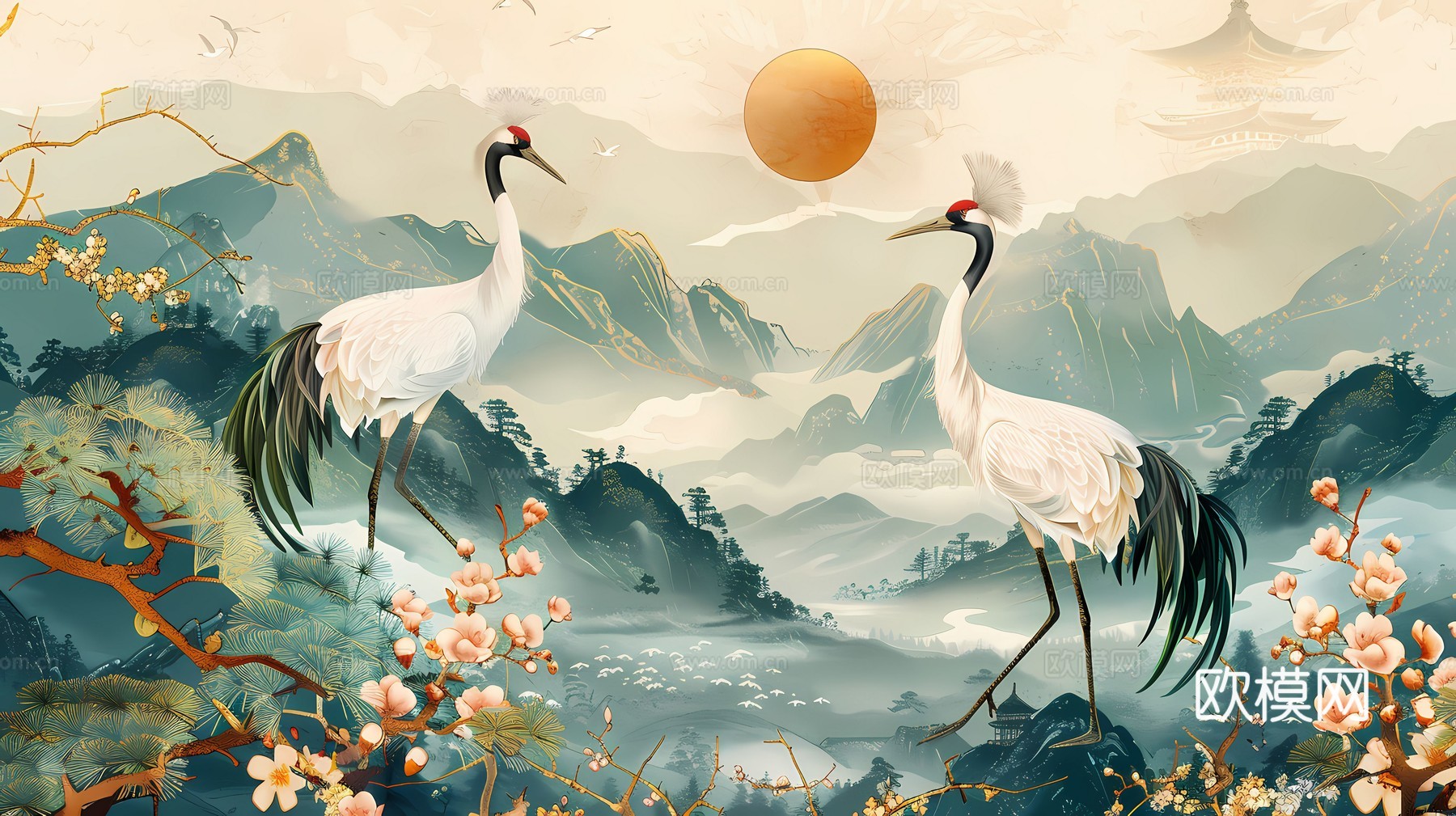 新中式国风壁纸壁画下载（渲染图6）