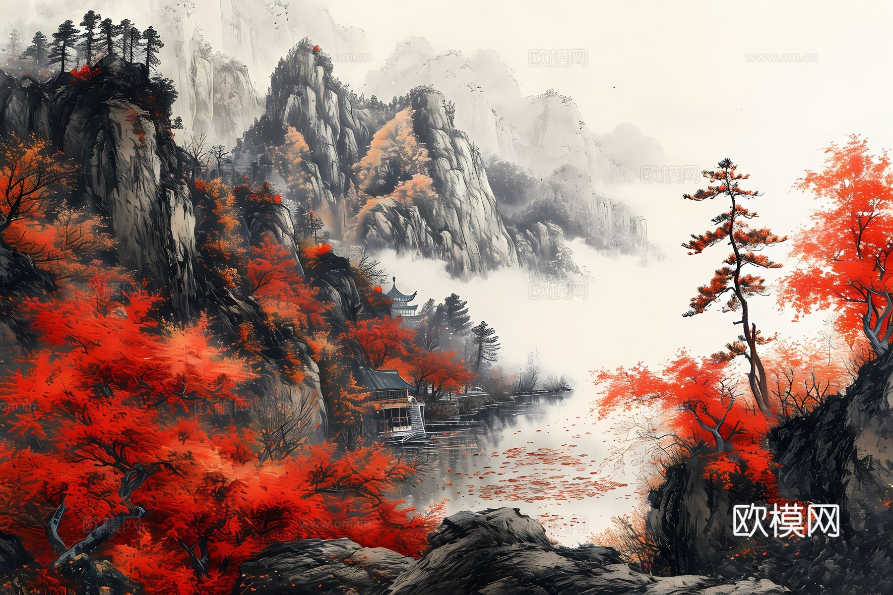 新中式国风壁纸壁画下载（渲染图4）