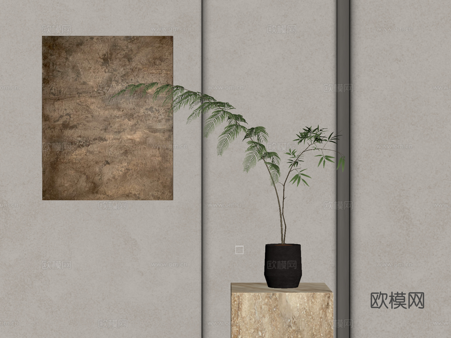 绿植 中古风绿植盆栽 干枝盆景 装饰挂画su模型