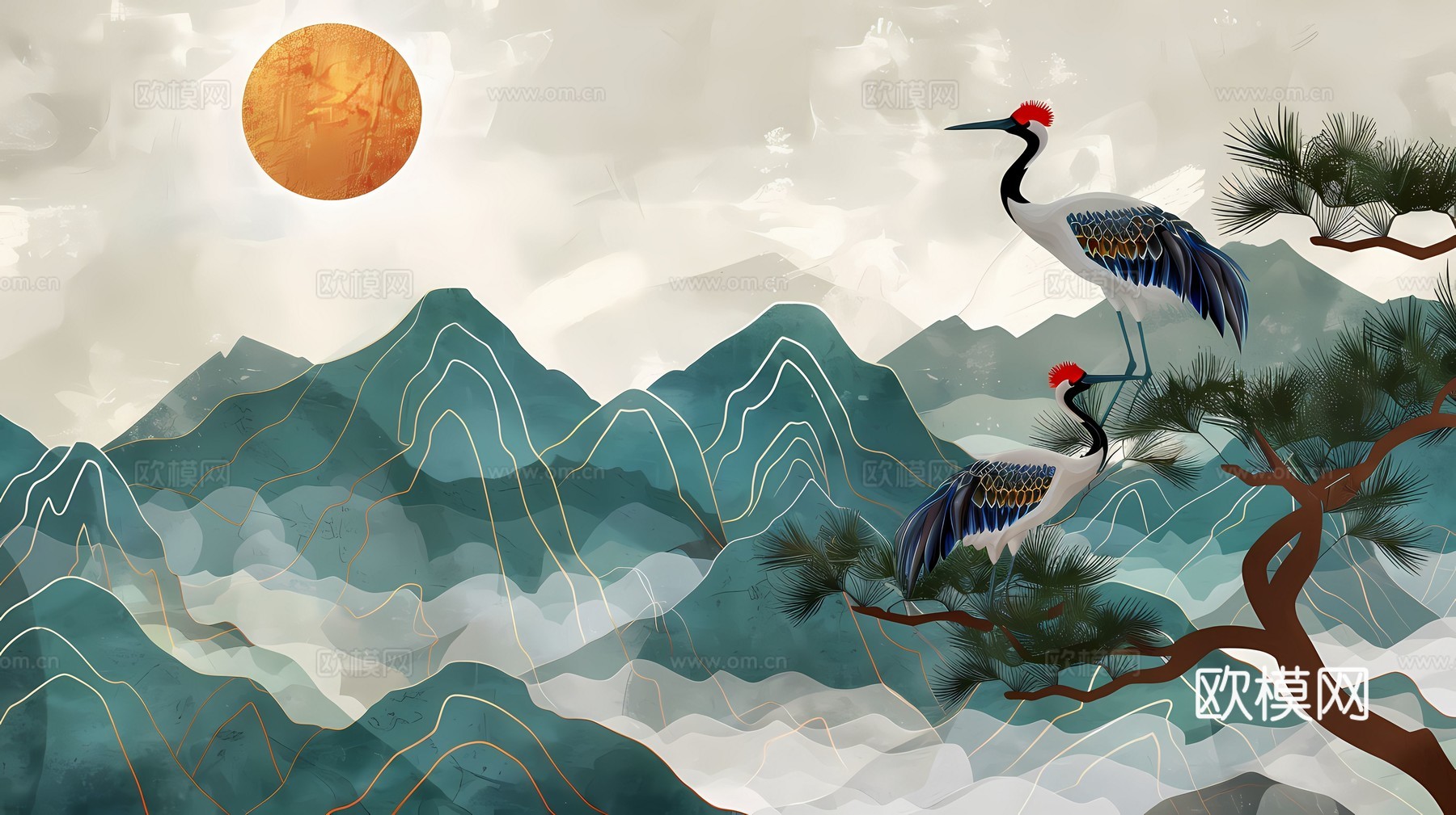 新中式国风壁纸壁画下载（渲染图4）