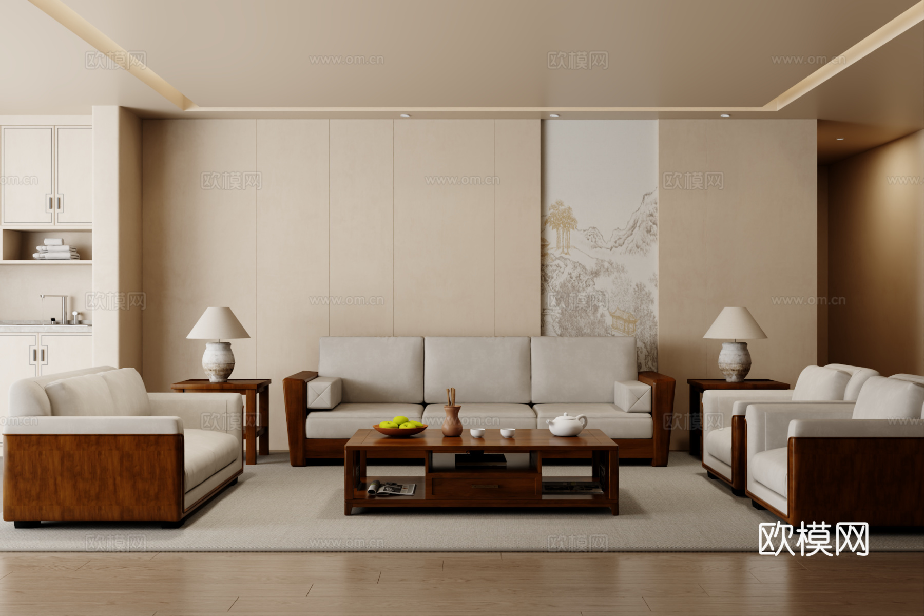 新中式沙发组合 茶几 地毯3d模型