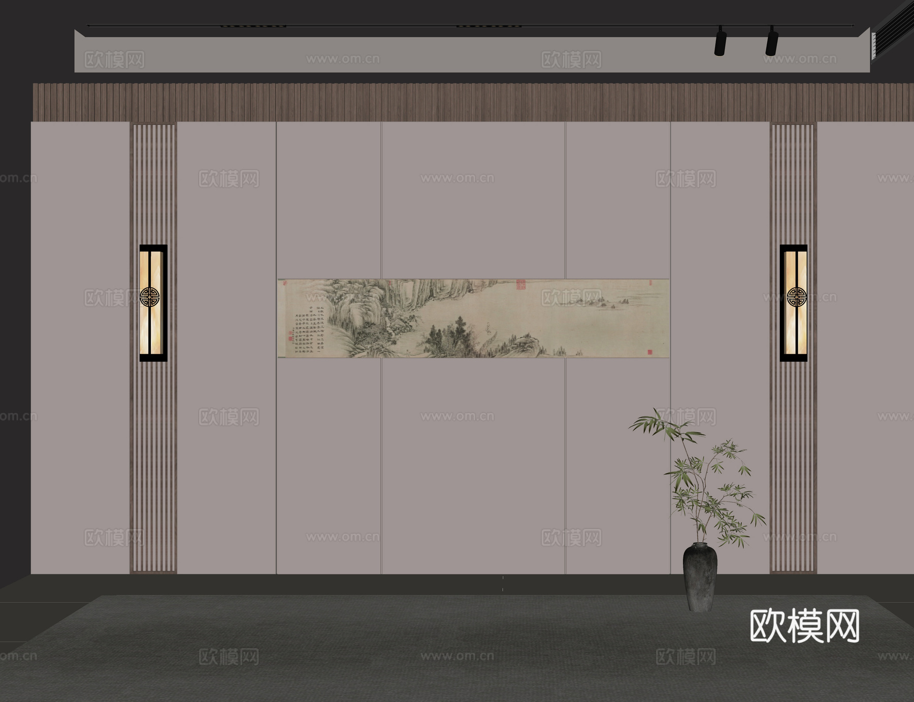 新中式背景墙su模型