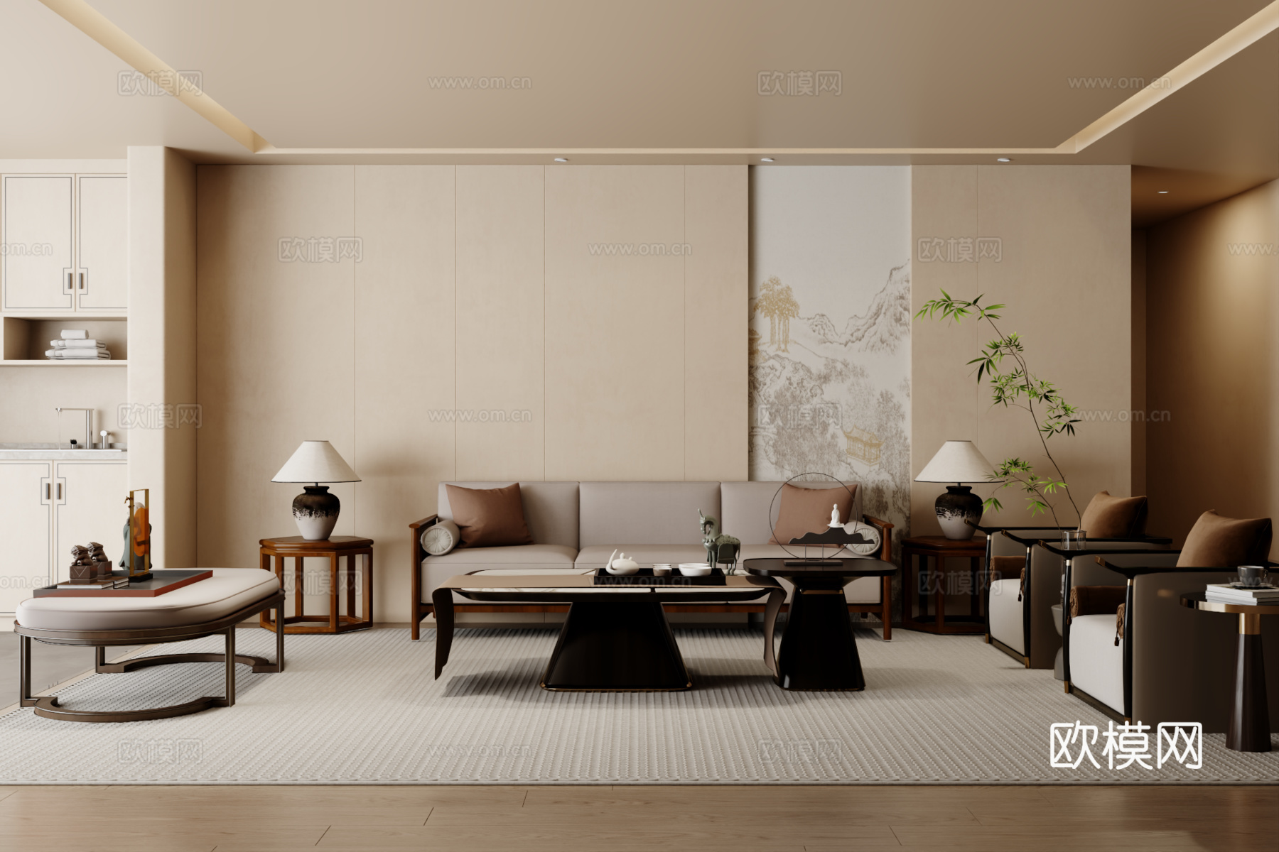 新中式沙发组合 茶几 地毯3d模型