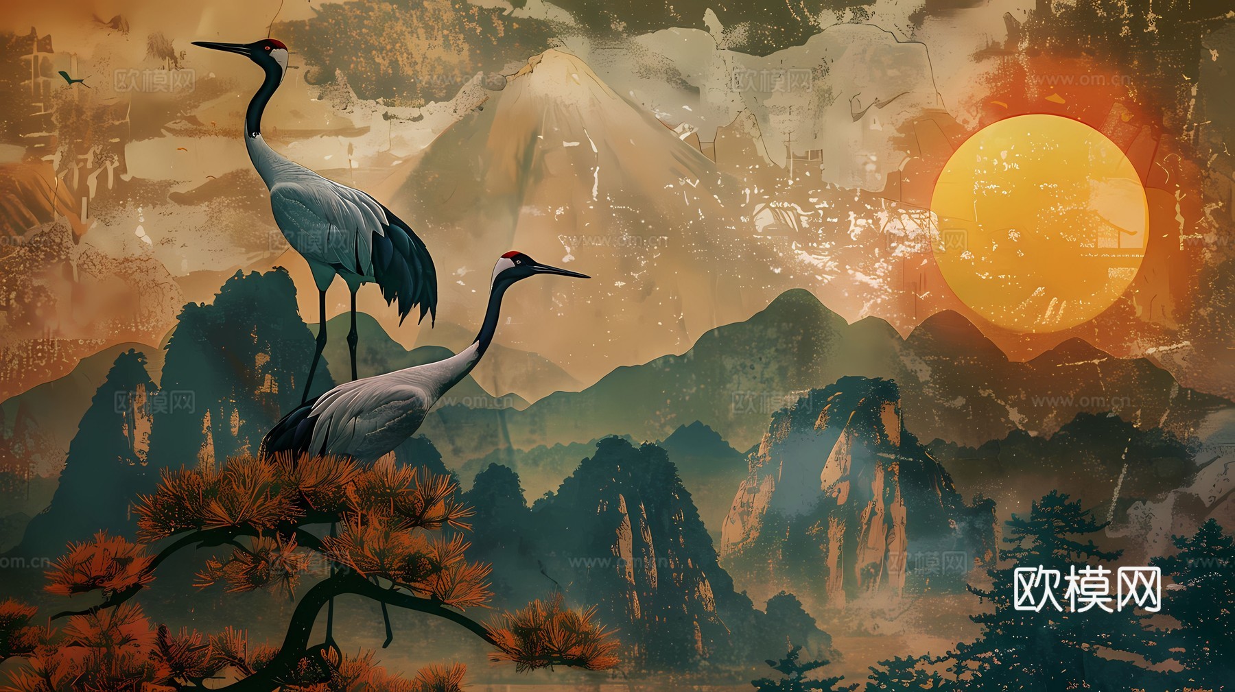 新中式国风壁纸壁画下载（渲染图2）