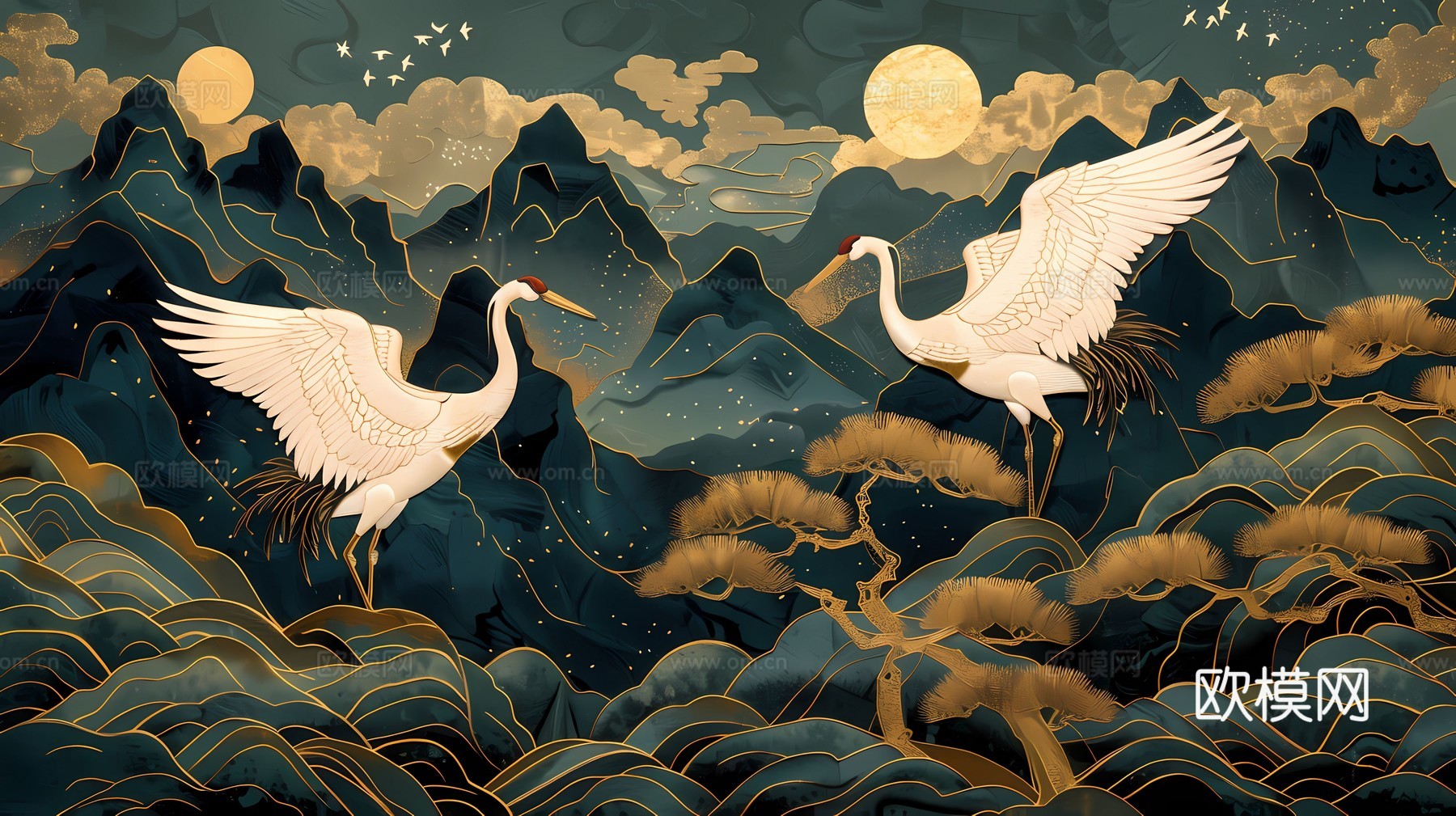 新中式国风壁纸壁画下载（渲染图4）