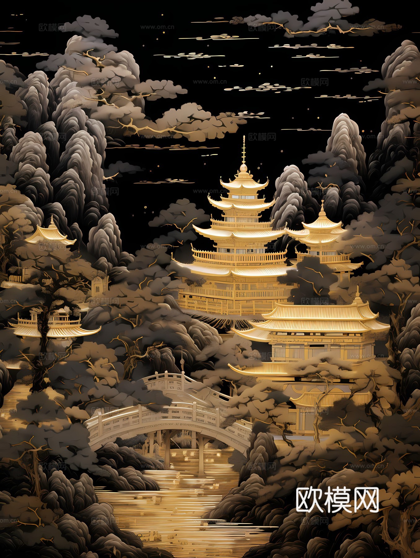 新中式国风壁纸壁画下载（渲染图3）