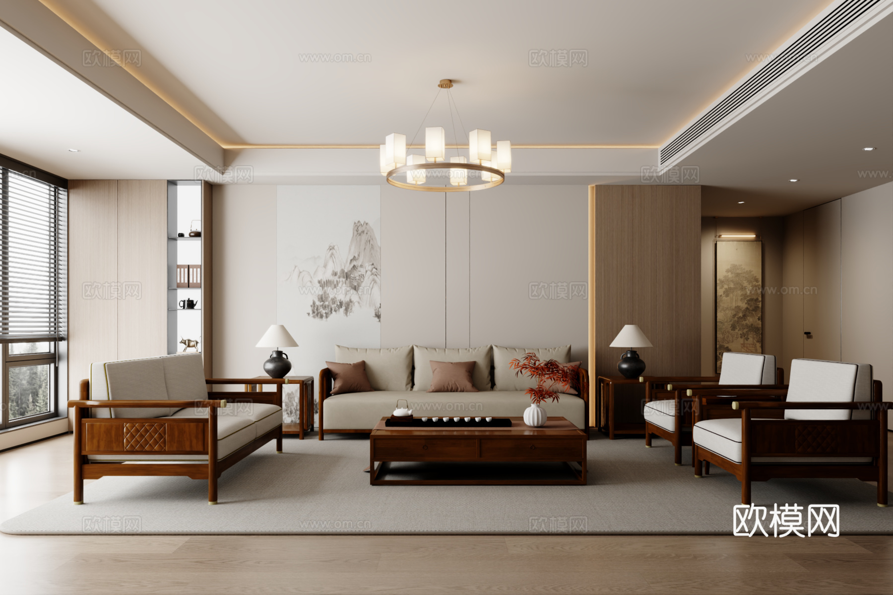 新中式沙发组合 茶几 地毯3d模型