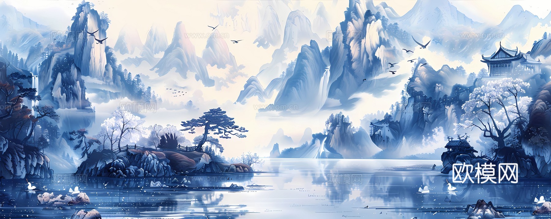 新中式国风壁纸壁画下载（渲染图4）