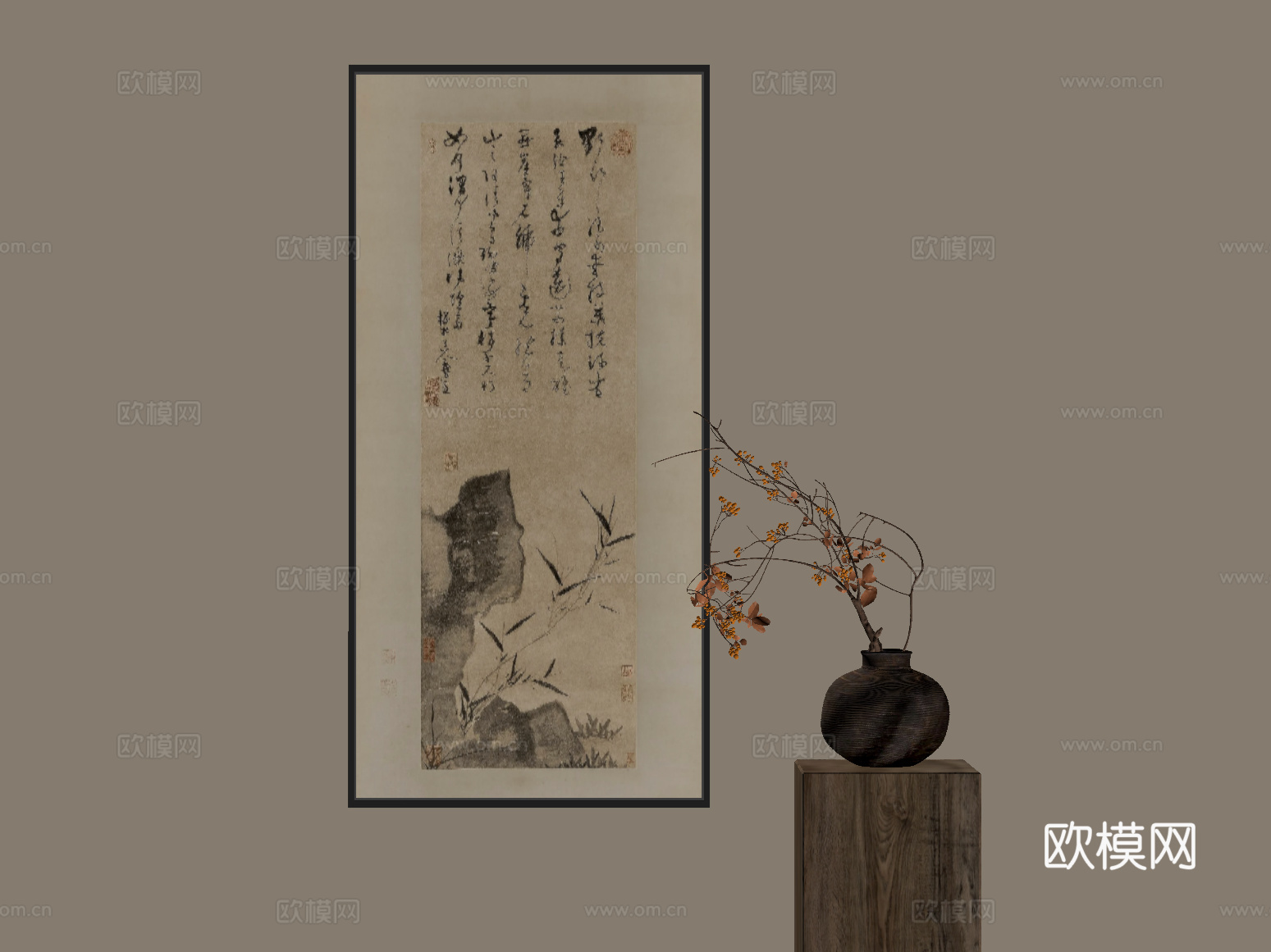 新中式装饰 宋式风装饰画绿植su模型