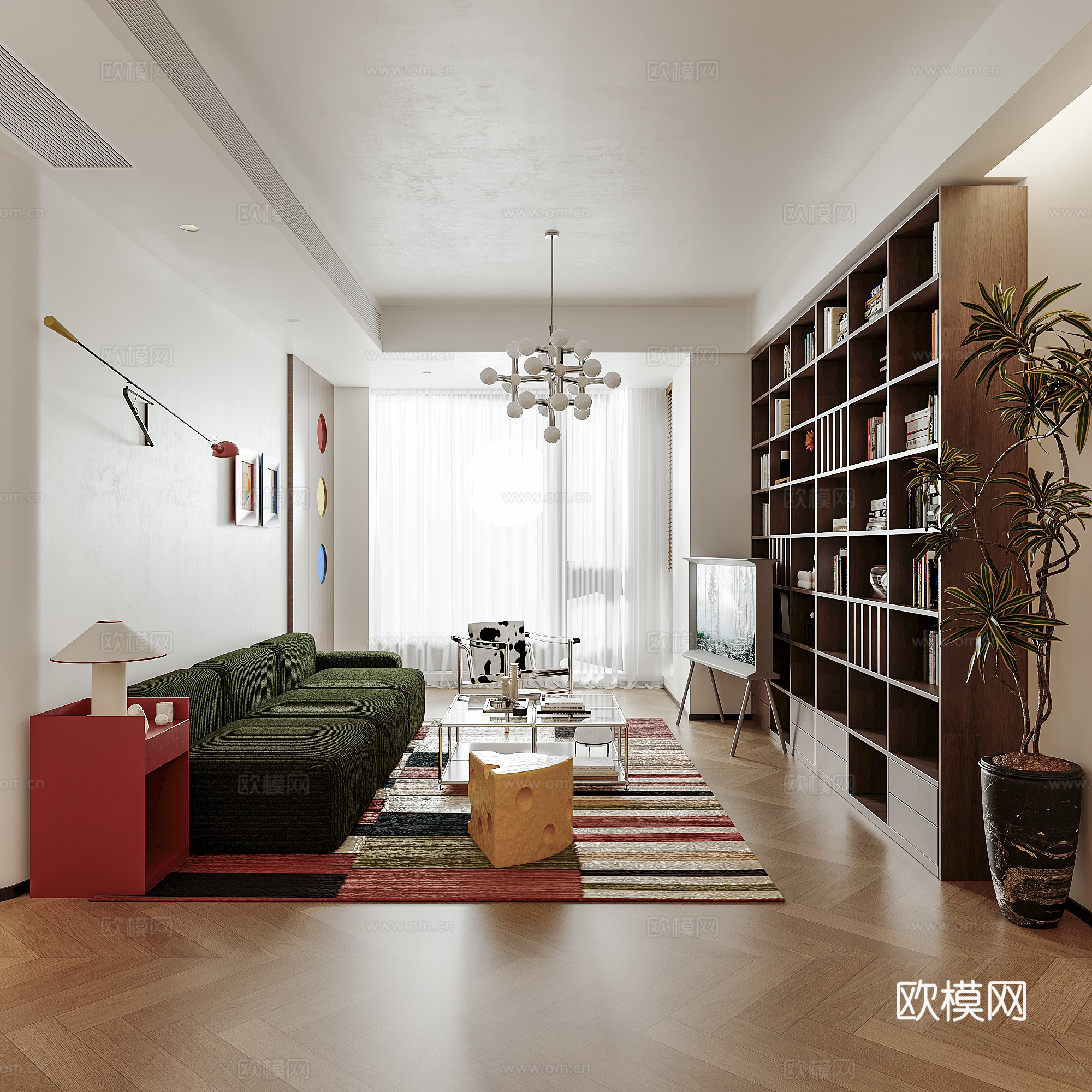 现代中古客餐厅 包豪斯 竖厅 中古风家具 开放式厨房 吧台餐su模型
