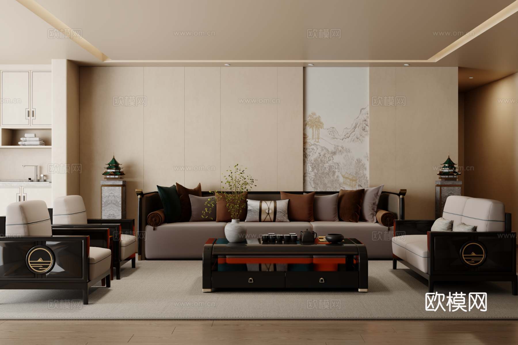 新中式沙发组合 茶几 地毯3d模型