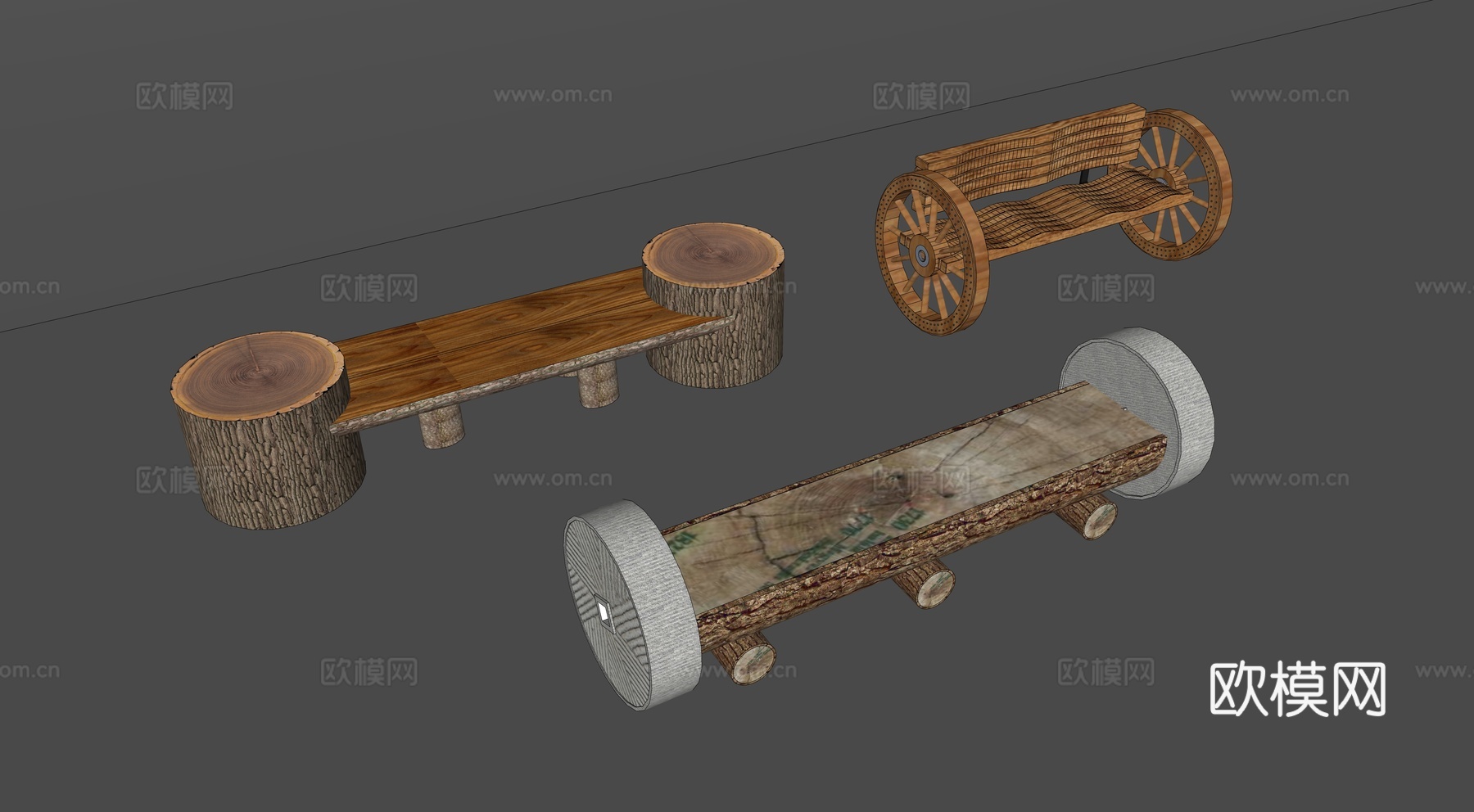 中式乡村原生态座椅 农村景观座椅 农具景观小品 石磨座椅景观su模型