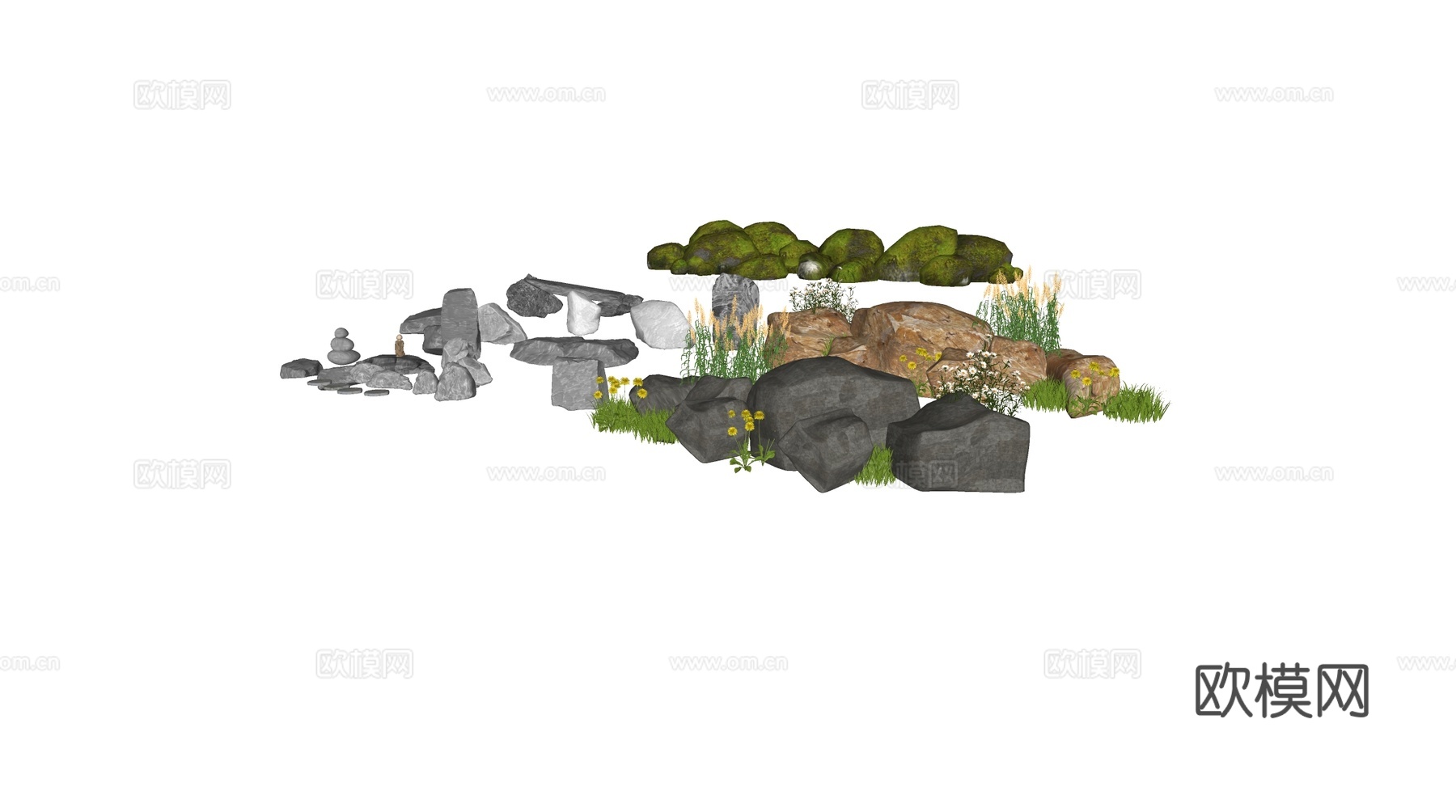 现代石头 新中式庭院石头 庭院小品 石头景观 苔藓植物青苔su模型