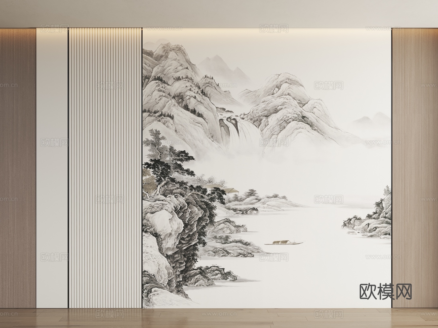 山水画背景墙 山水画护墙板 山水画屏风 新中式禅意硬包 新中3d模型