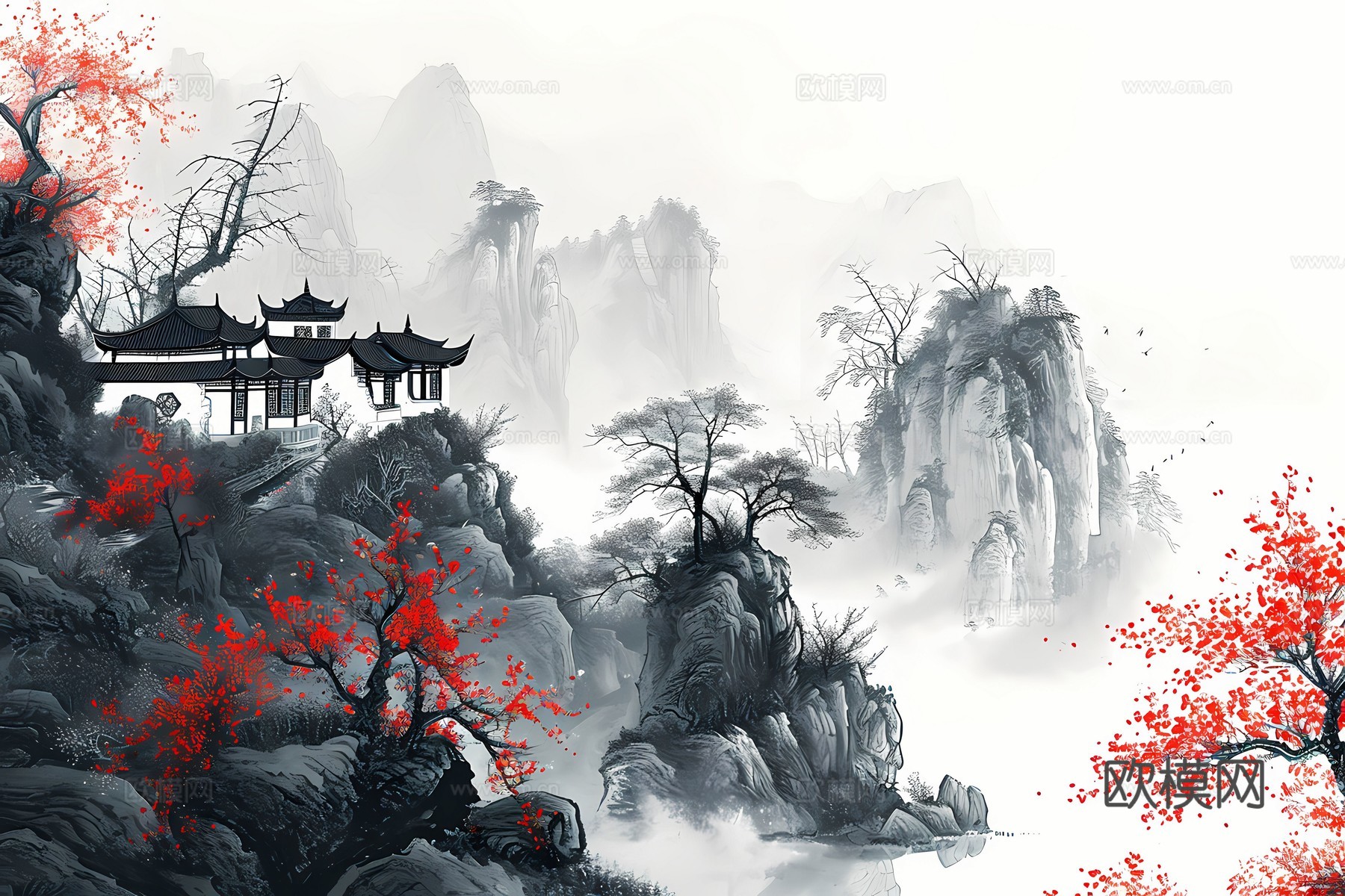 新中式国风壁纸壁画下载（渲染图2）