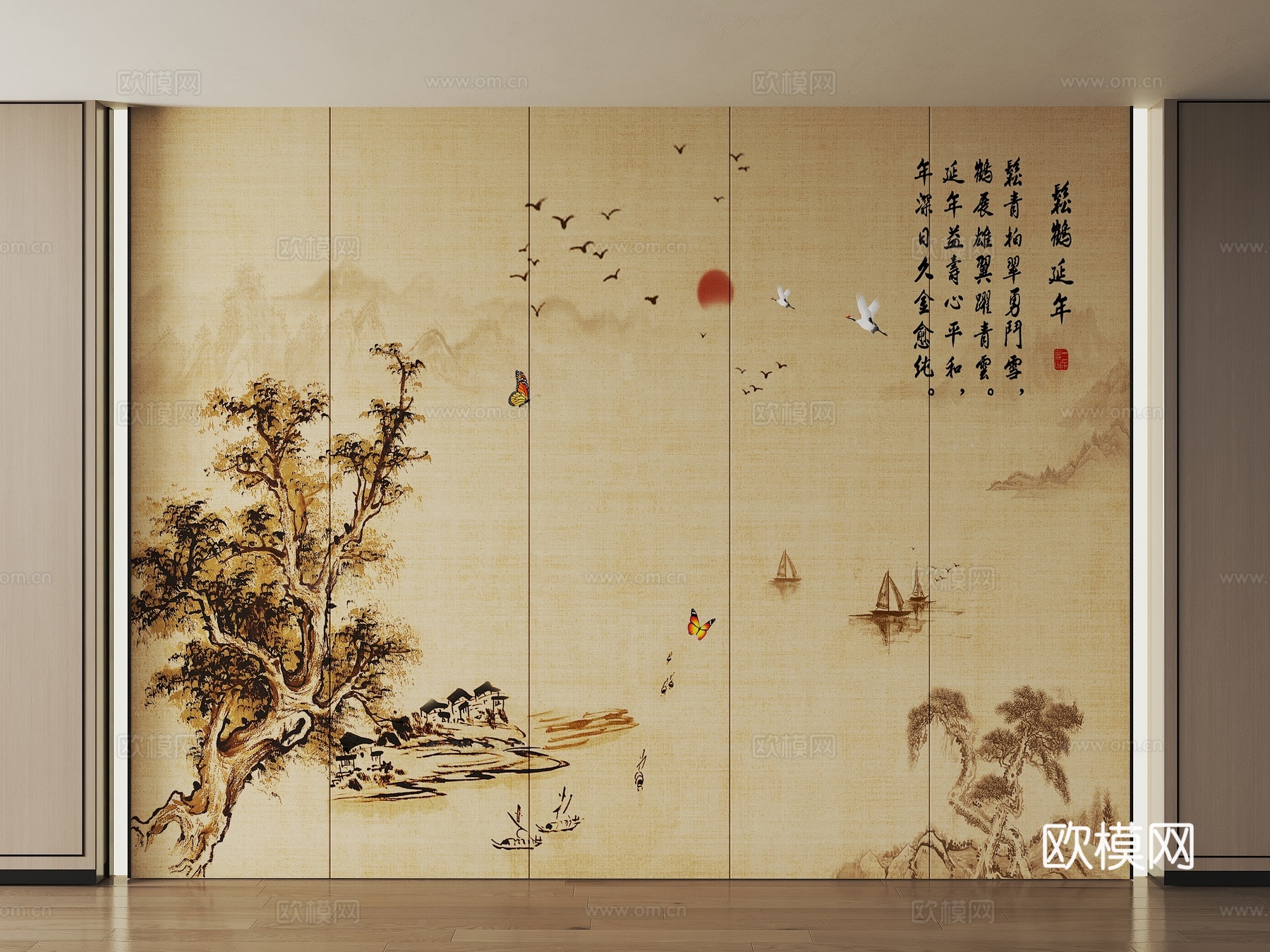 山水画背景墙 山水画护墙板 山水画屏风 新中式禅意硬包 新中su模型