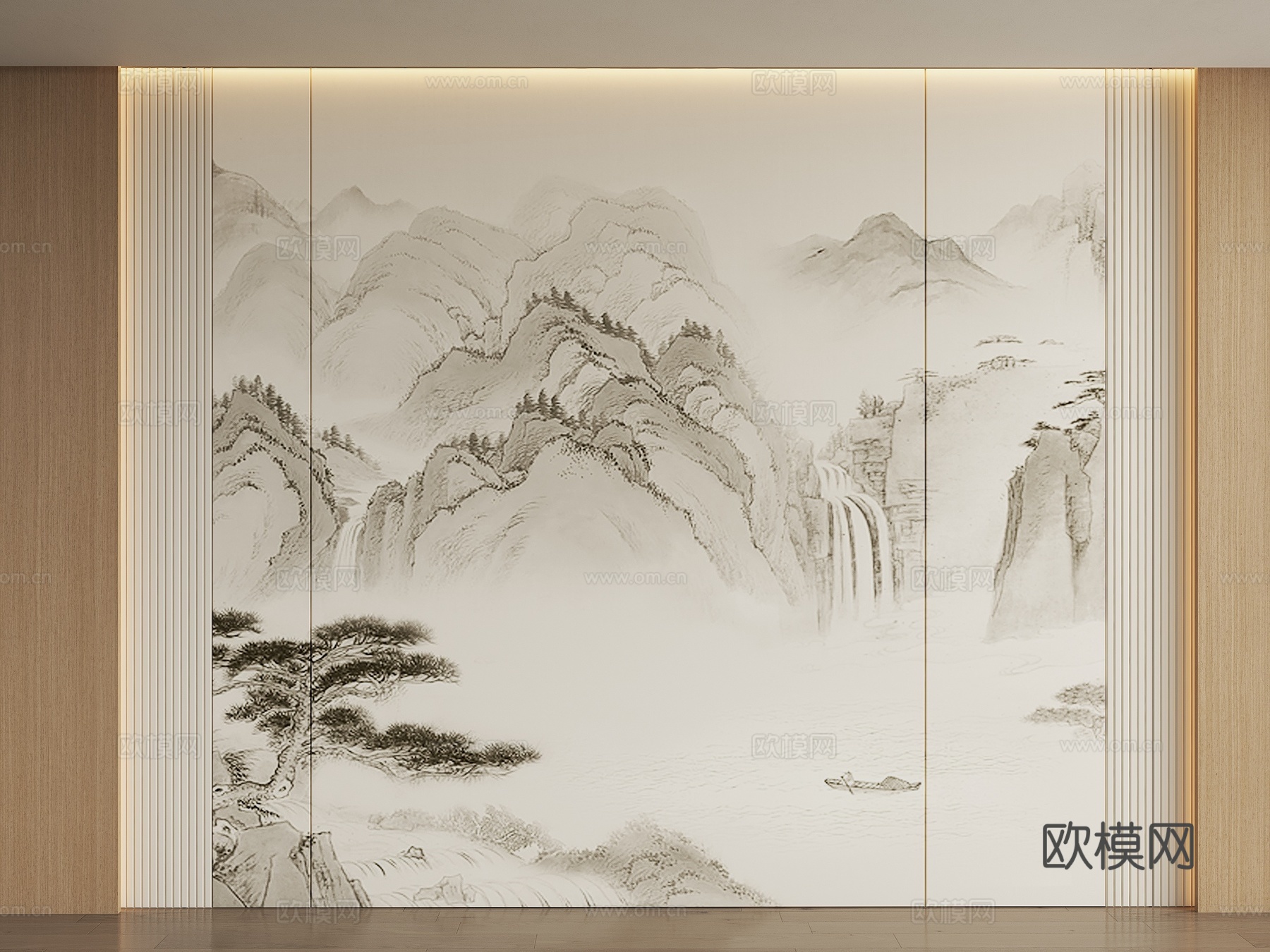 山水画背景墙 山水画护墙板 山水画屏风 新中式禅意硬包 新中3d模型