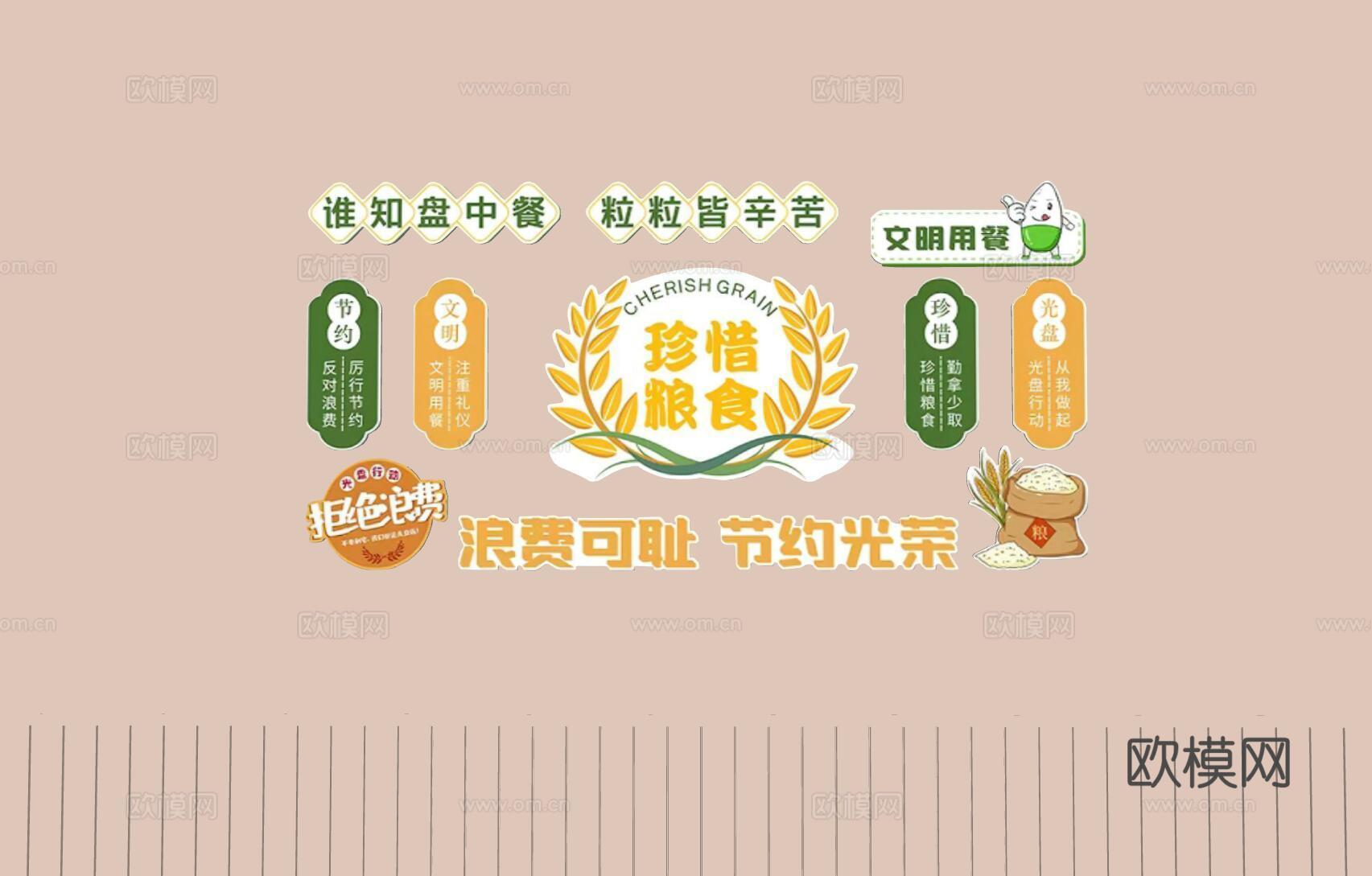粮食文化墙 食堂文化墙 校园文化墙su模型